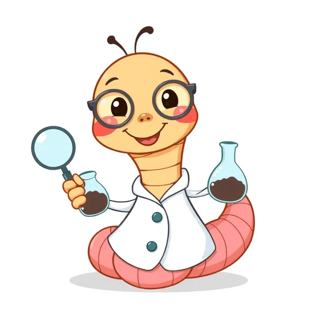 Wiggles the Worm Scientist, a cartoon pink worm in round glasses and a white lab coat, holding a magnifying glass and two flasks of soil