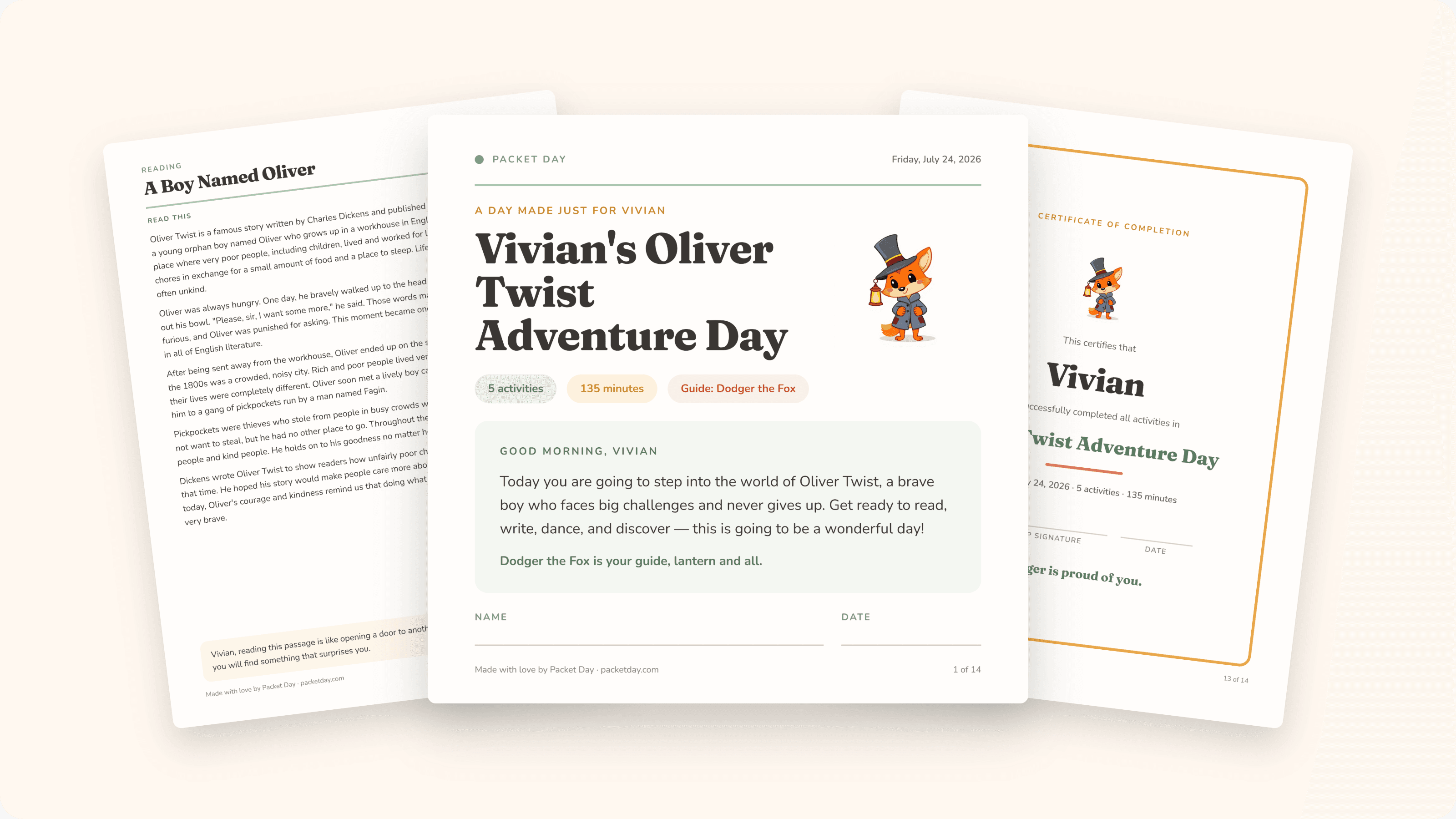 Three printed pages from a learning packet fanned out: a reading passage, a personalized cover page with a fox character, and a certificate.
