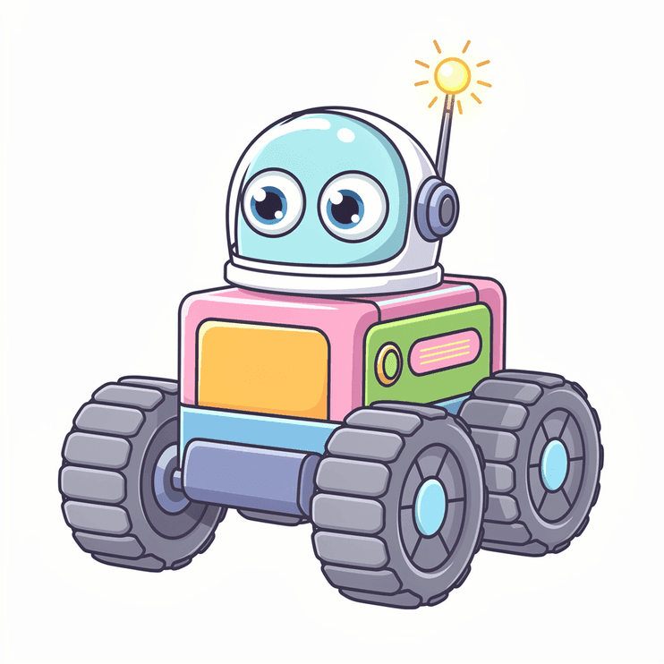 Nova the robot rover, with big round eyes, a tiny astronaut helmet and a blinking antenna, rolling on chunky wheels.