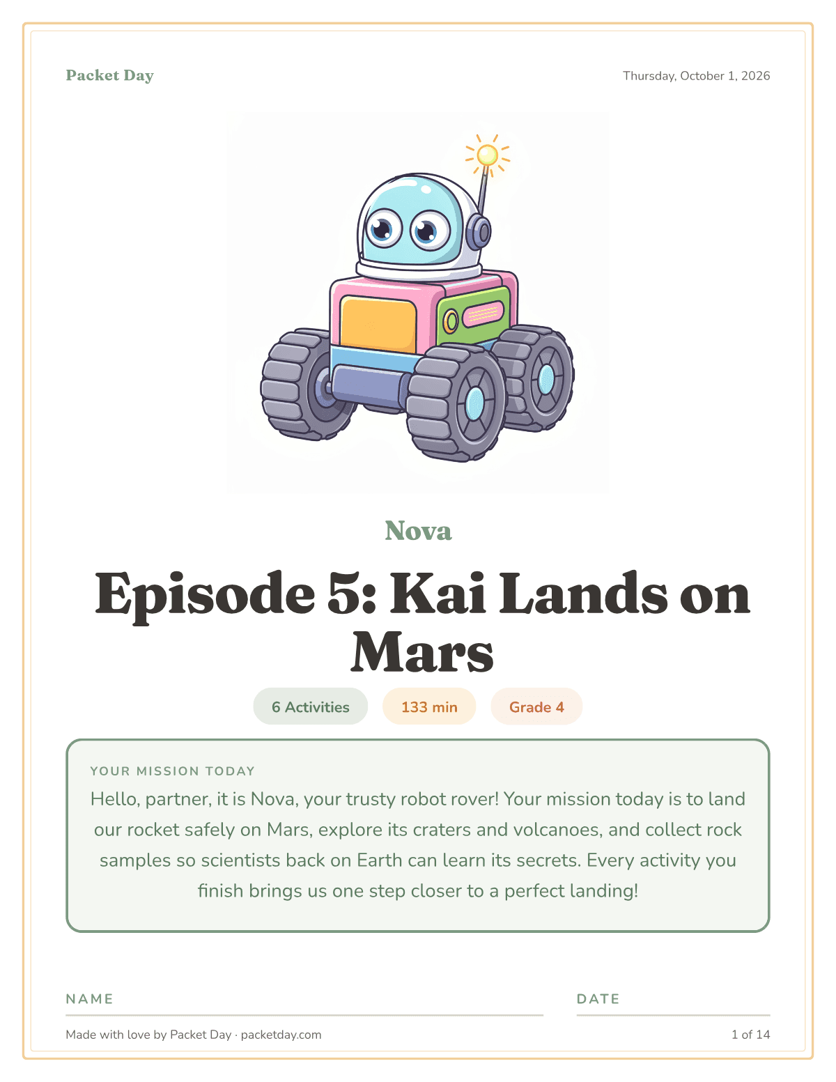 Cover of Episode 5: Kai Lands on Mars: Nova the robot rover with big round eyes and a blinking antenna, 6 activities, 133 minutes, grade 4, and a mission note from Nova.