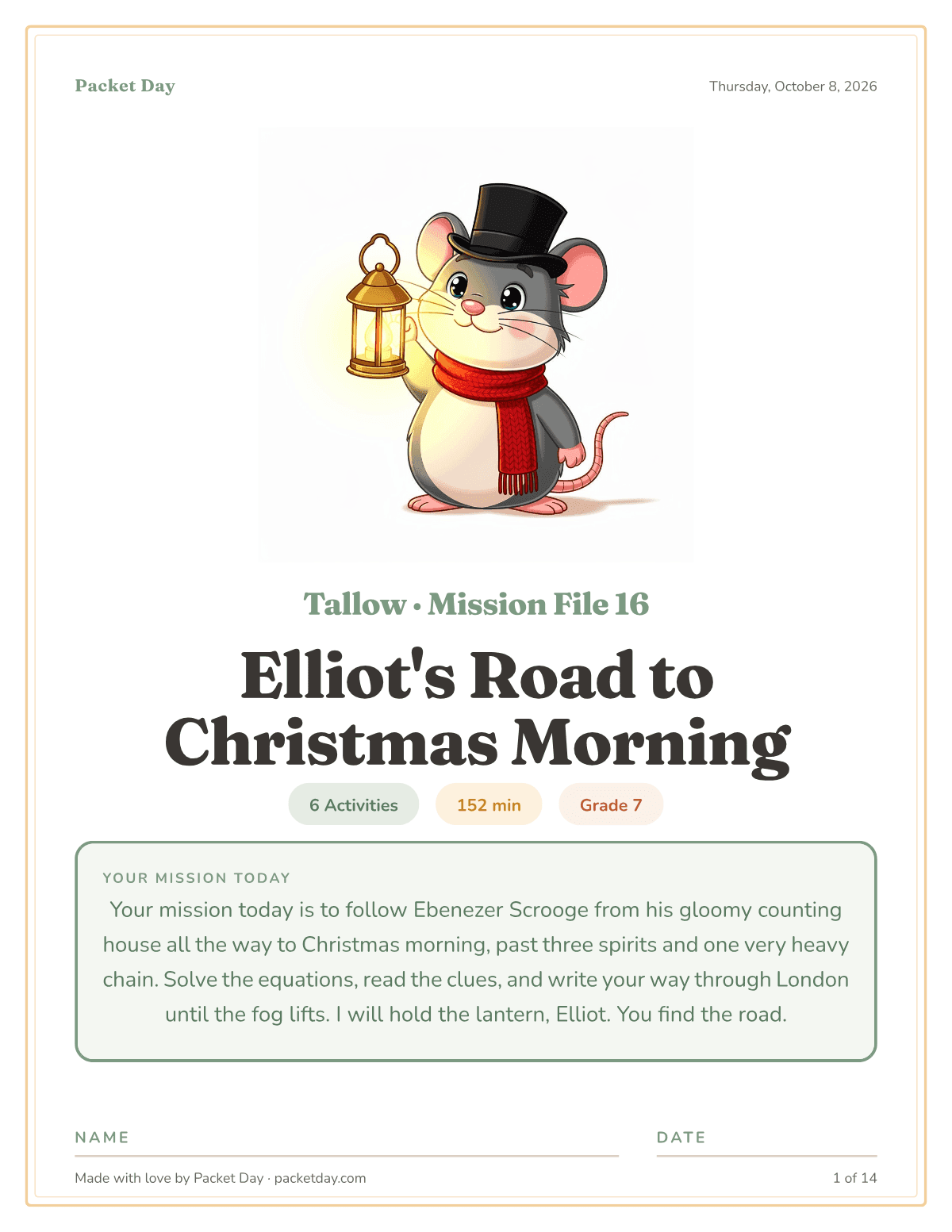 Cover of Elliot's Road to Christmas Morning: Tallow the gray mouse in a top hat and red scarf holding a glowing brass lantern, chips for 6 activities, 152 minutes and grade 7, and Tallow's mission note.