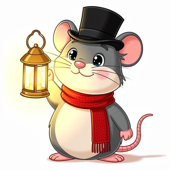 Tallow the lantern mouse, a gray mouse in a black top hat and a red scarf, holding up a glowing brass lantern.