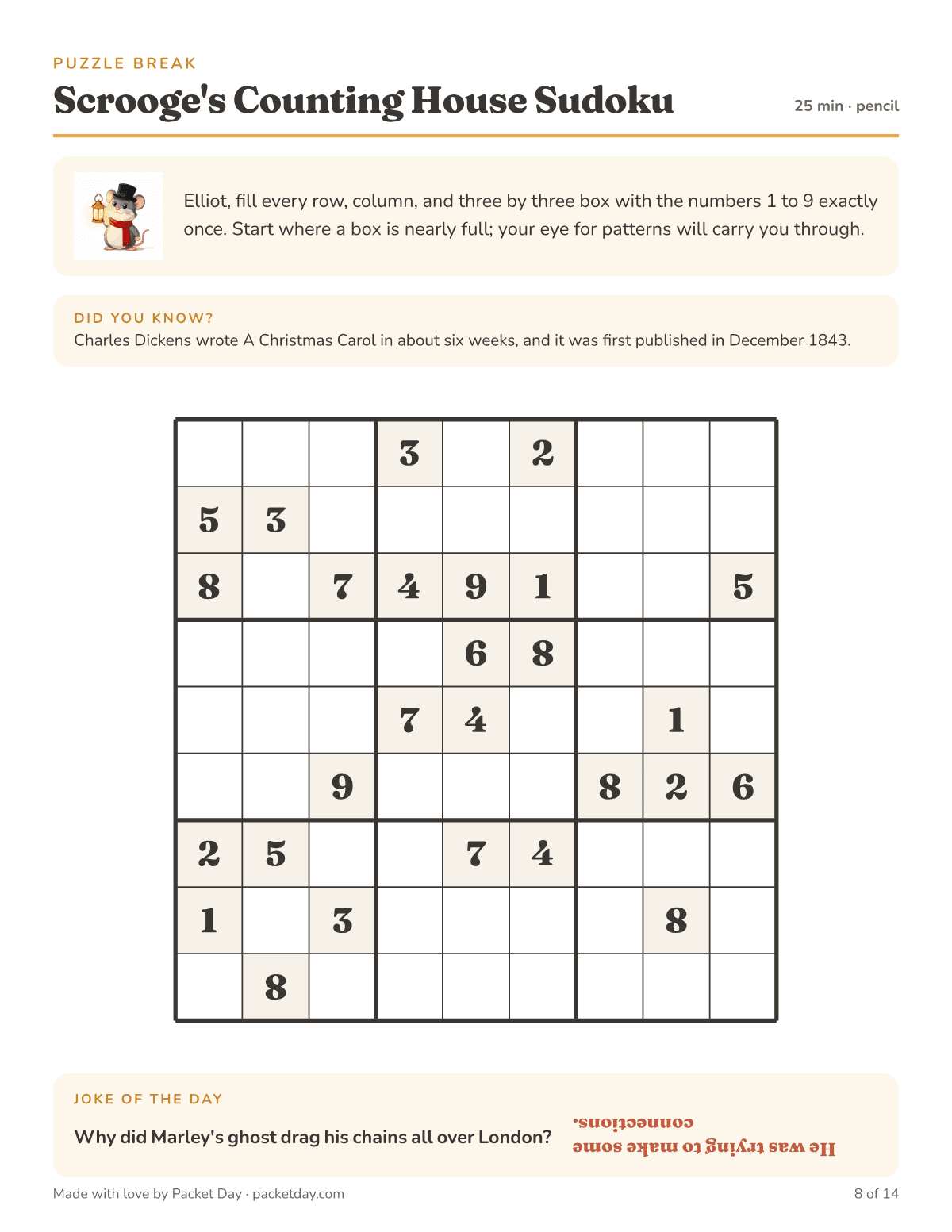 Puzzle page, Scrooge's Counting House Sudoku: a 9 by 9 sudoku with 27 starting numbers, a Did You Know that Dickens wrote the book in about six weeks, and a Marley joke.