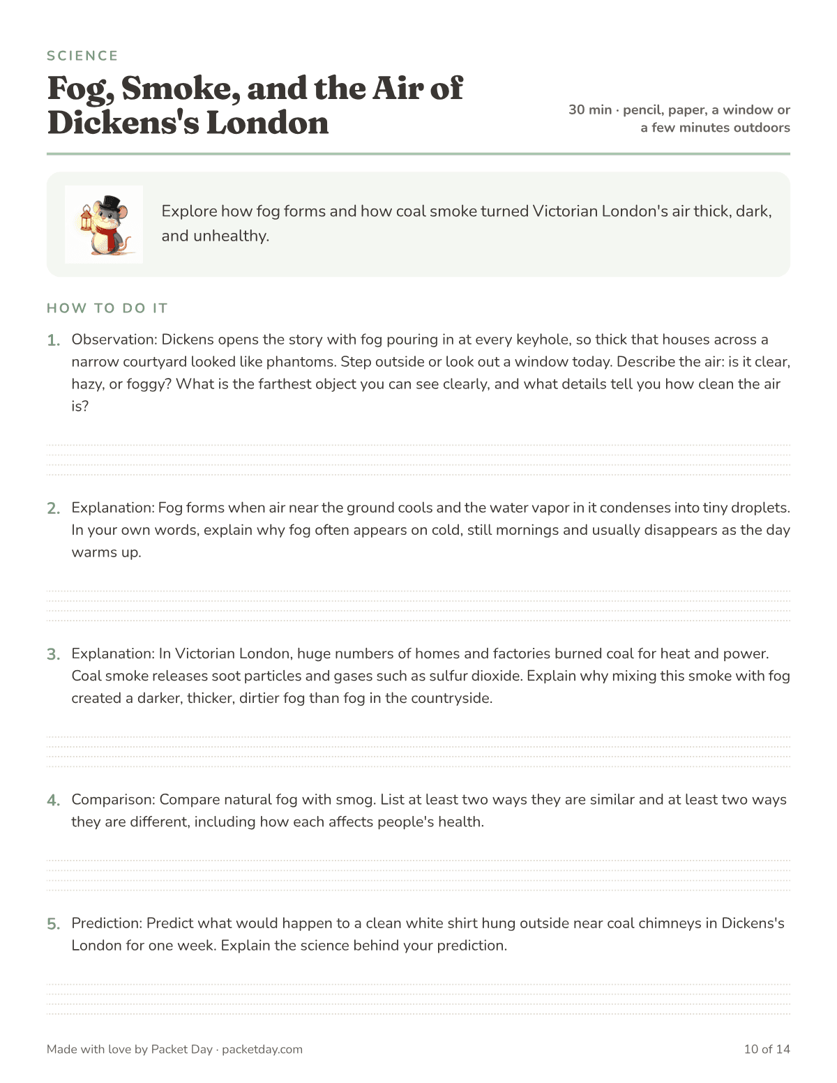 Science page, Fog, Smoke, and the Air of Dickens's London: observe the air outside, explain how fog forms, and work out why coal smoke made London's fog darker, thicker and dirtier.