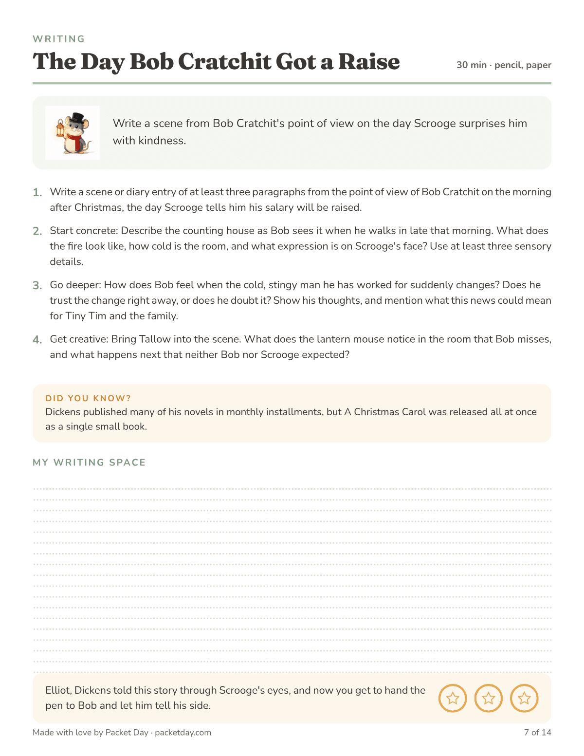 Writing page, The Day Bob Cratchit Got a Raise: write a scene or diary entry of at least three paragraphs from Bob Cratchit's point of view, with prompts for sensory details, Bob's doubts and a twist starring Tallow.