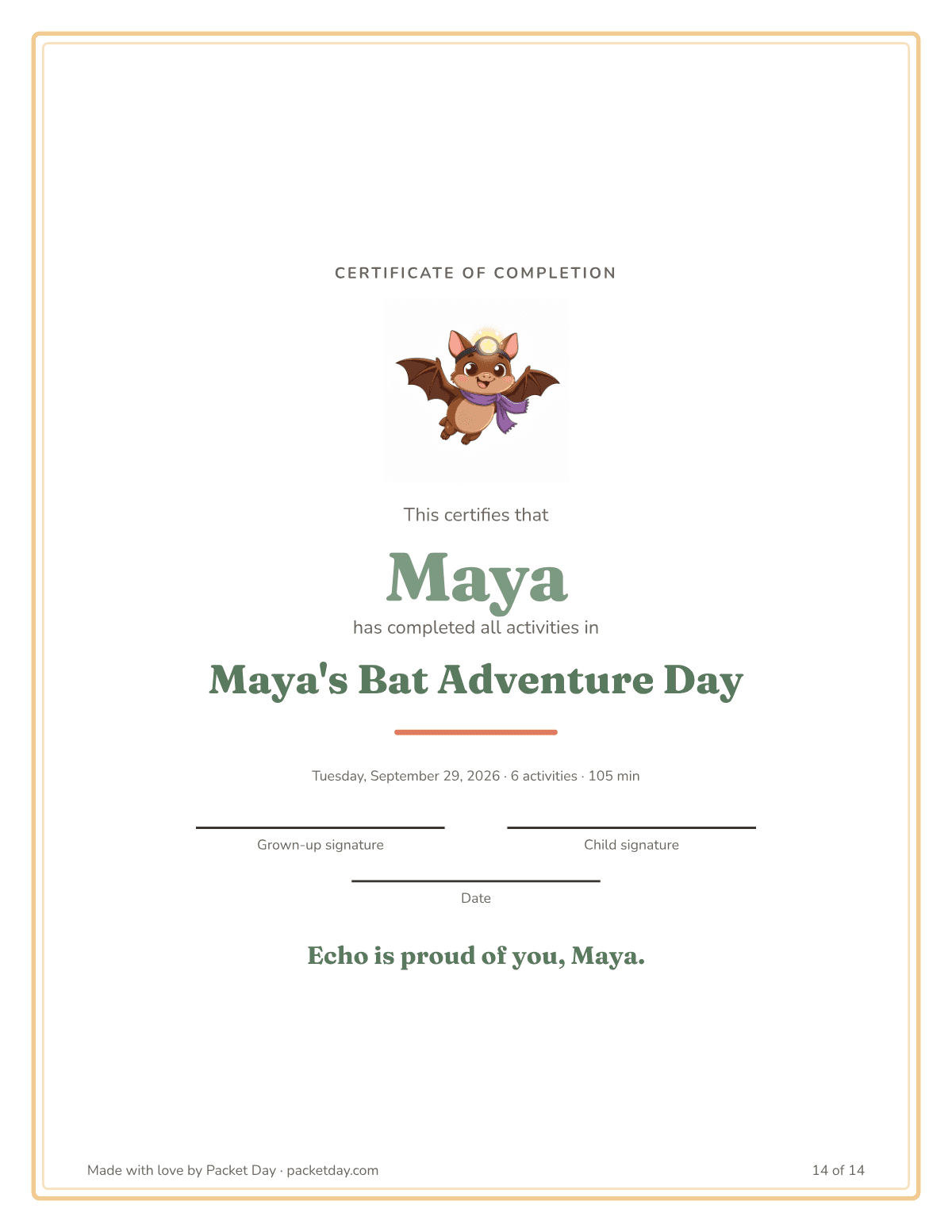 Certificate of completion for Maya's Bat Adventure Day with Echo at the top, a signature line for a grown up and one for the child.