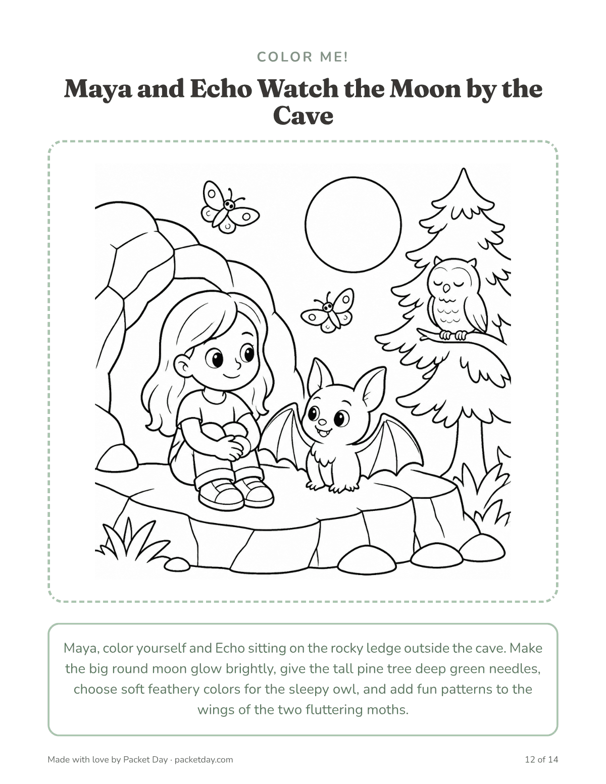 Coloring page: Maya and Echo sit on a rocky ledge outside a cave under a big round moon, with a pine tree, a sleepy owl and two moths.