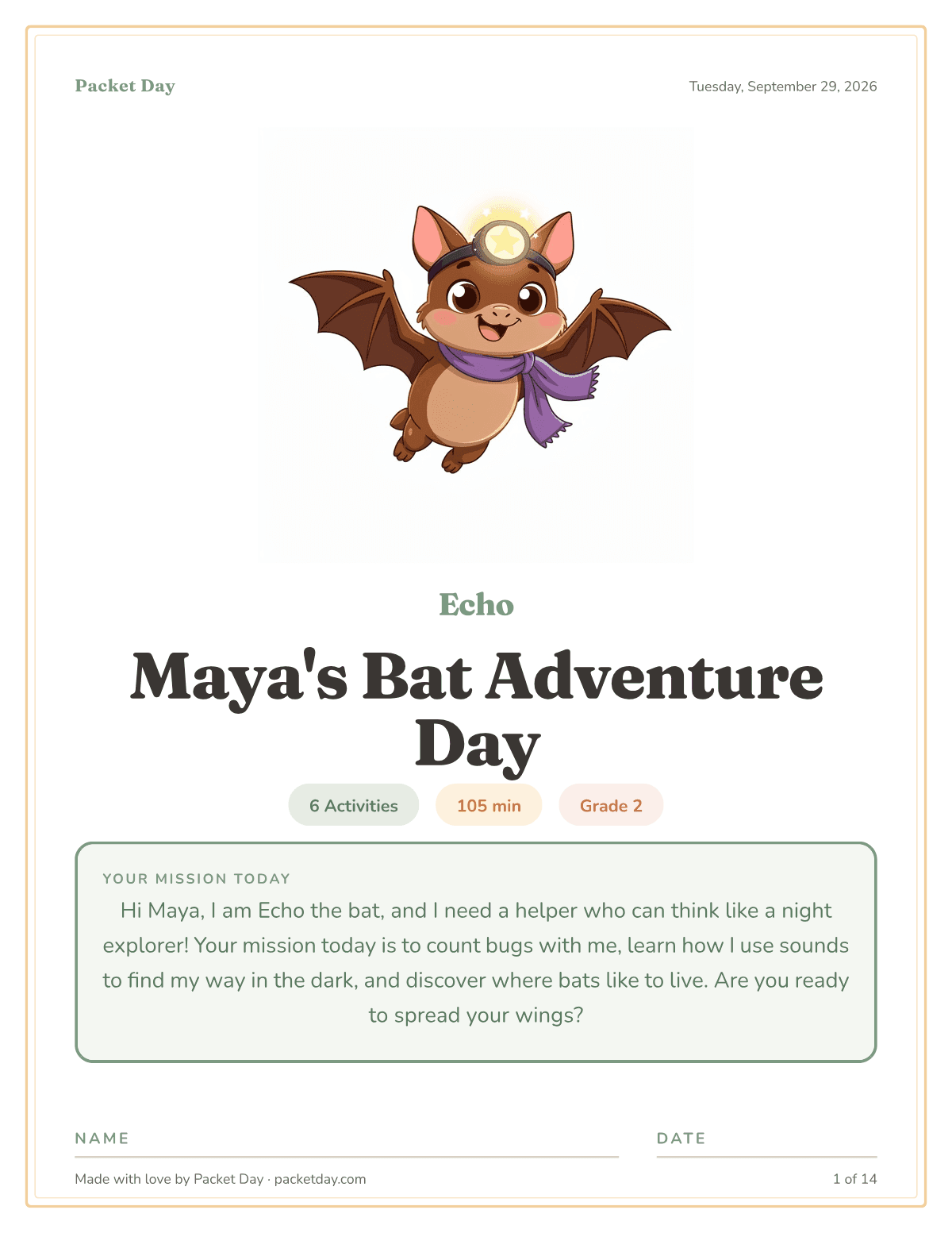 Cover of Maya's Bat Adventure Day: Echo the bat in a purple scarf and headlamp, chips for 6 activities, 105 minutes and grade 2, and Echo's mission note to Maya.