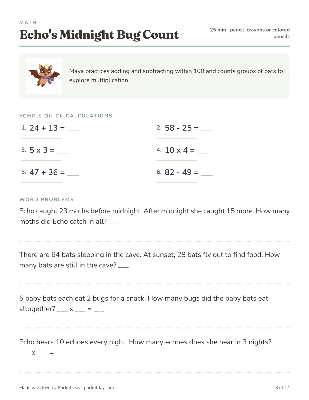 Math page, Echo's Midnight Bug Count: six quick calculations such as 24 + 13 and 5 x 3, and word problems about moths, a cave of 64 bats and baby bats eating bugs.