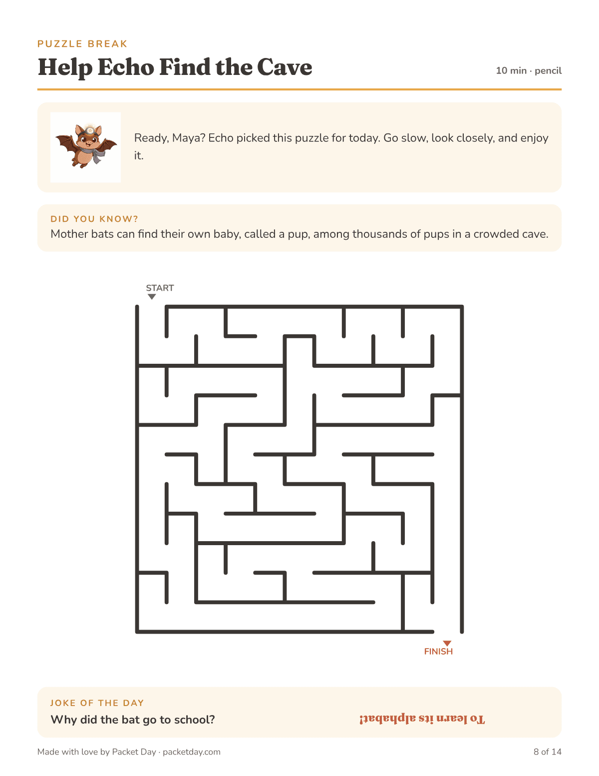 Puzzle page, Help Echo Find the Cave: a maze from START to FINISH, a fact about mother bats finding their pups, and a joke of the day about a bat at school.