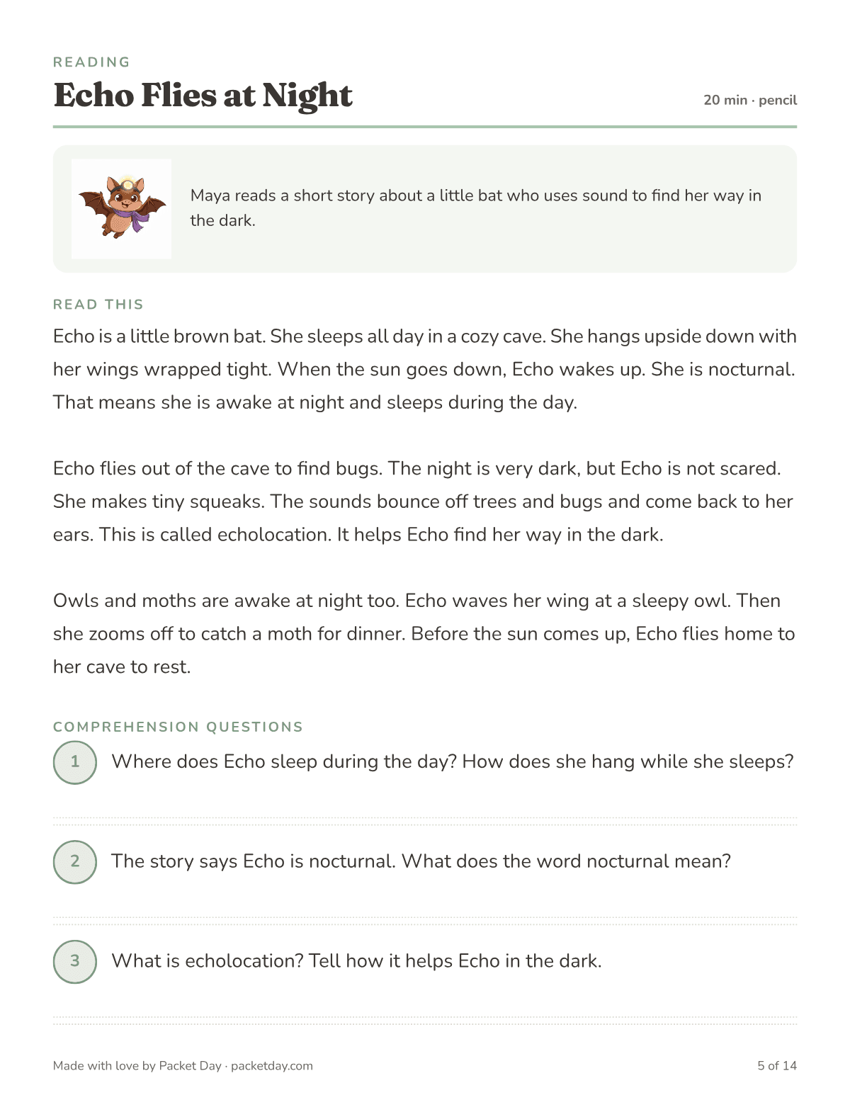 Reading page, Echo Flies at Night: a short story about a little brown bat who sleeps in a cave and finds bugs with echolocation, followed by comprehension questions.