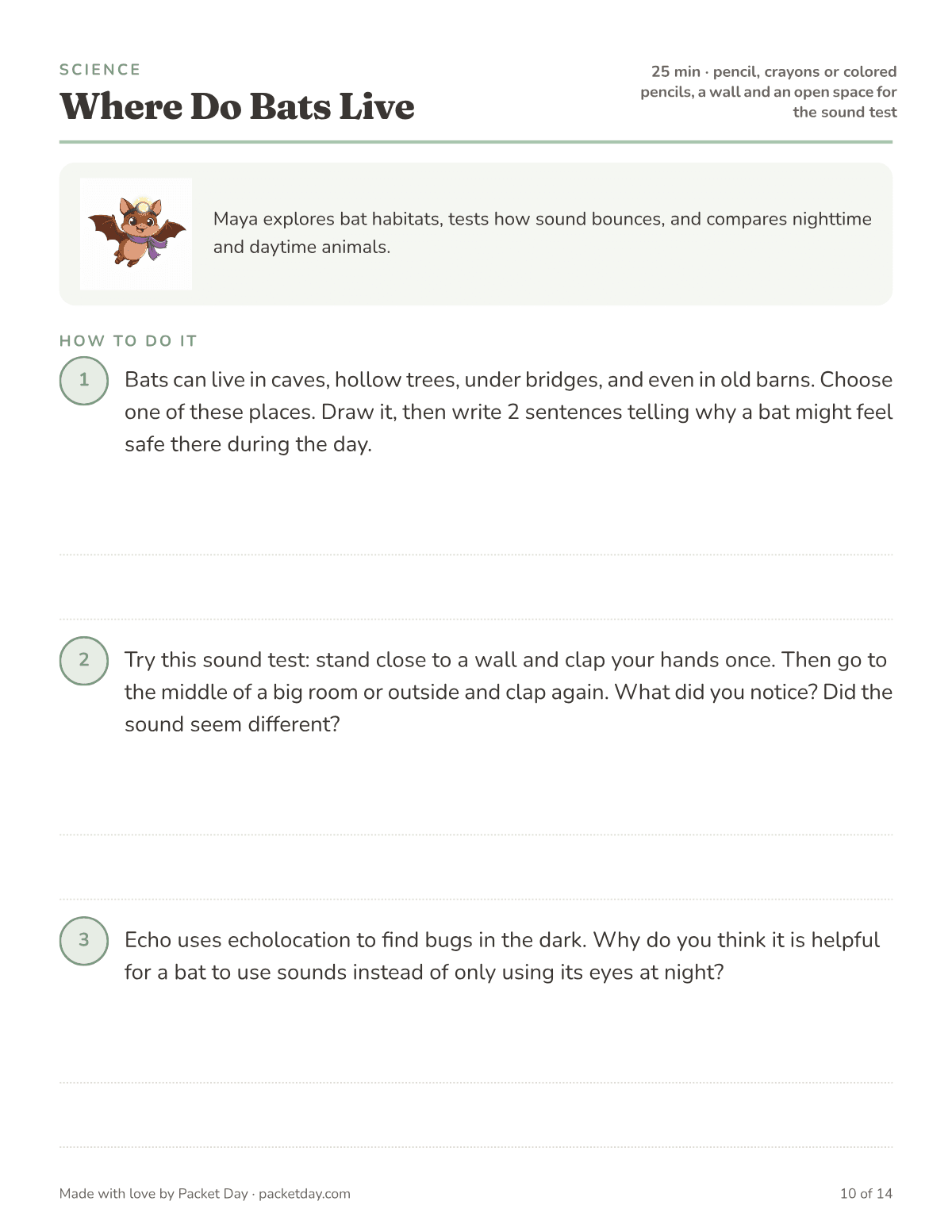Science page, Where Do Bats Live: drawing a bat home such as a cave or hollow tree, a clap test near a wall and in an open space, and a question about hunting by sound.