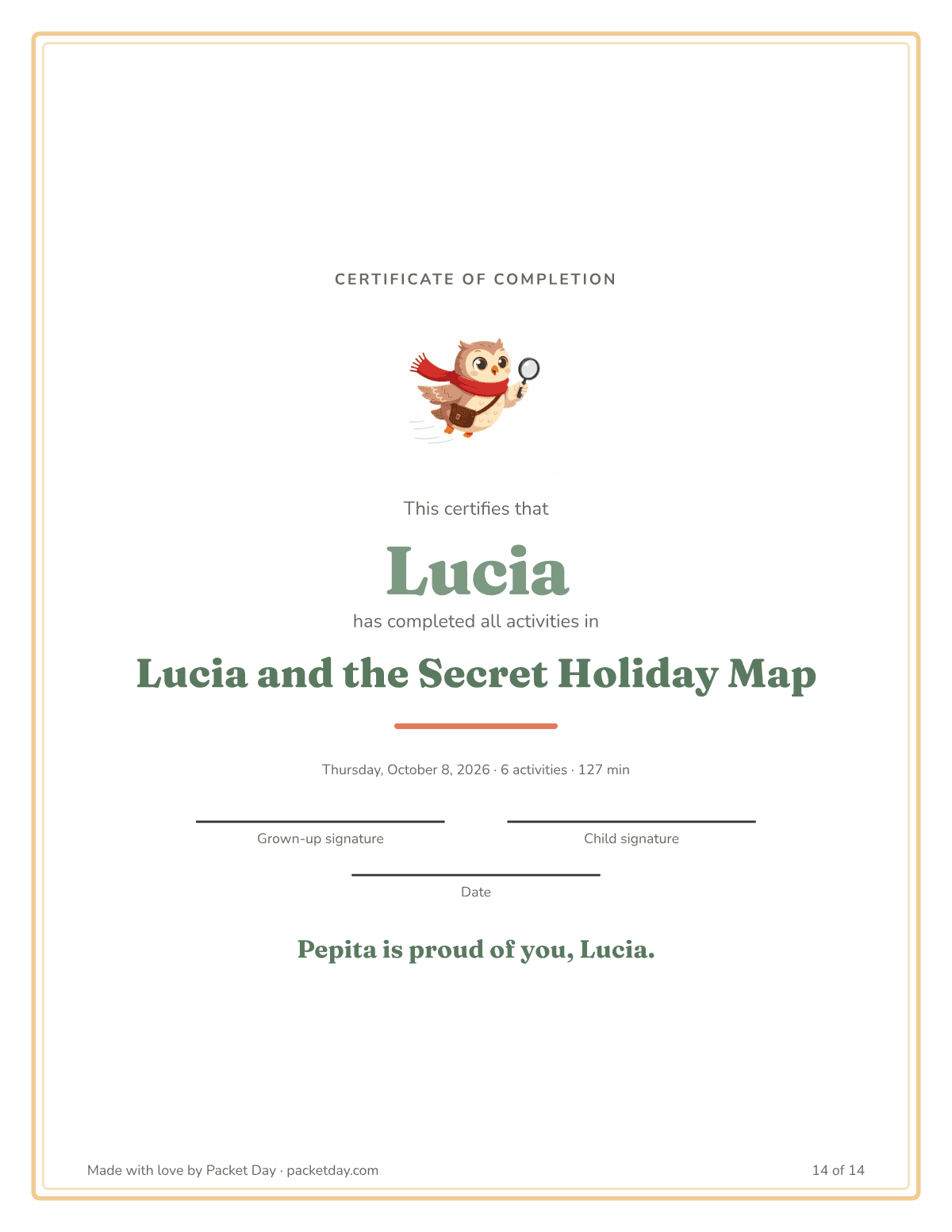 Certificate of completion for Lucia and the Secret Holiday Map with Pepita at the top, signature lines for a grown up and the child, and the line Pepita is proud of you, Lucia.