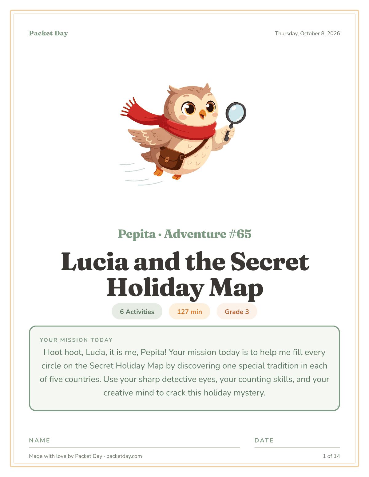 Cover of Lucia and the Secret Holiday Map: Pepita the owl in a red scarf holding a magnifying glass, chips for 6 activities, 127 minutes and grade 3, and Pepita's mission note about filling five circles on the map.