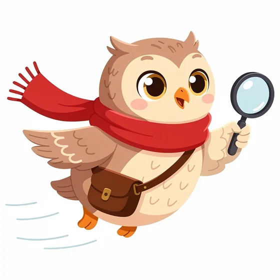 Pepita the owl in a red scarf, flying with a magnifying glass and a leather satchel.
