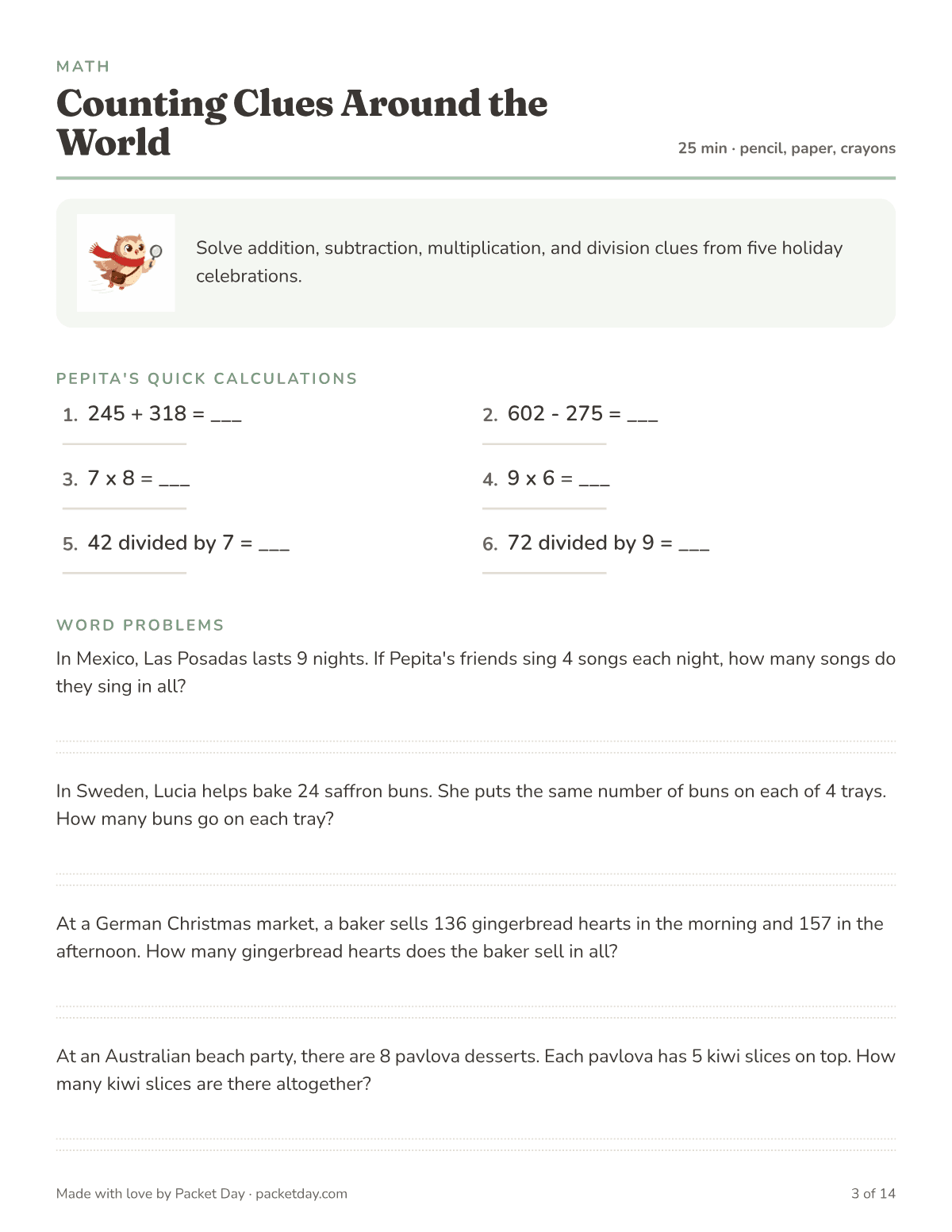 Math page, Counting Clues Around the World: six quick problems like 245 + 318 and 72 divided by 9, then word problems about Las Posadas songs, saffron buns, gingerbread hearts and pavlova.