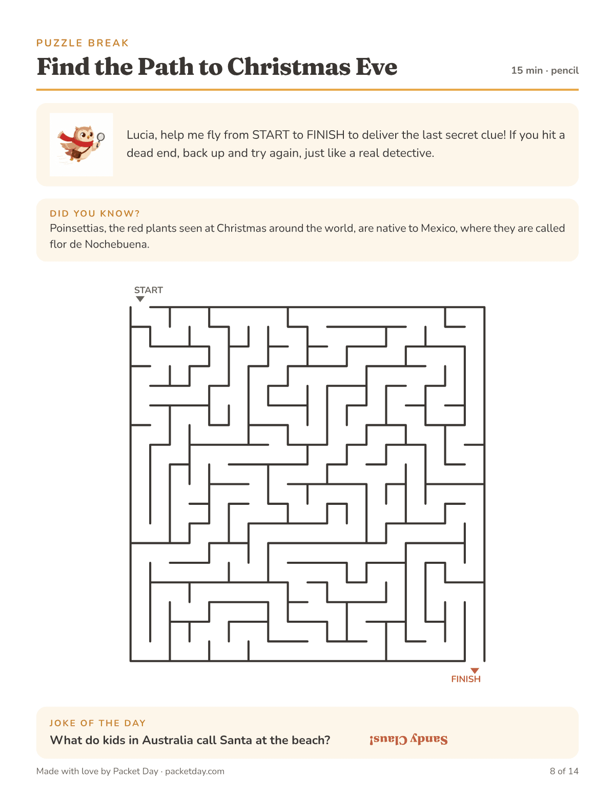Puzzle page, Find the Path to Christmas Eve: a square maze from START to FINISH, a Did You Know about poinsettias coming from Mexico, and a Sandy Claus joke.