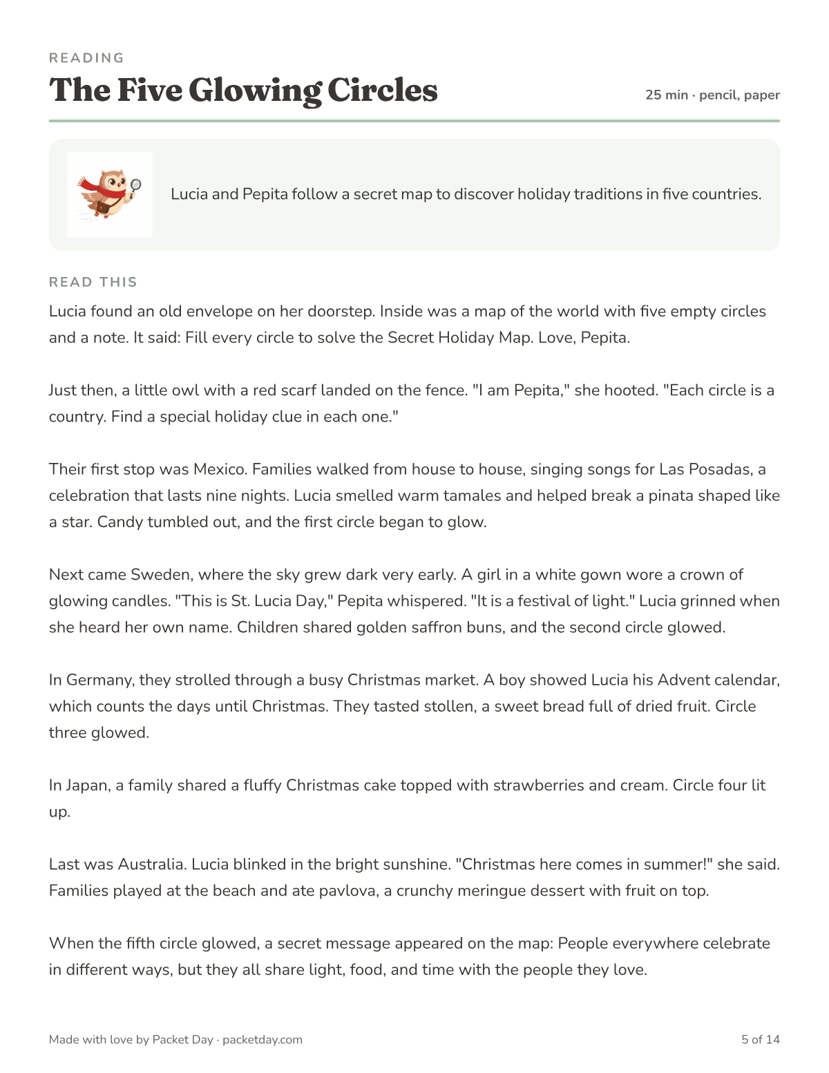 Reading page, The Five Glowing Circles: Lucia and Pepita visit Las Posadas in Mexico, St. Lucia Day in Sweden, a German Christmas market, a strawberry Christmas cake in Japan and a beach Christmas in Australia.