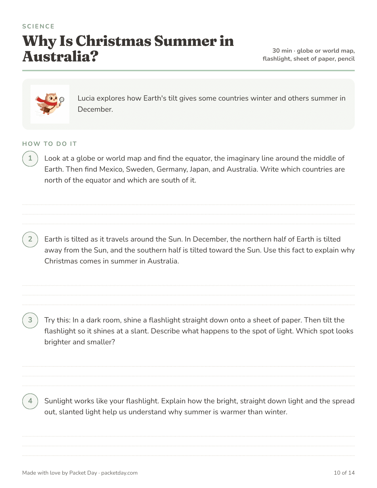 Science page, Why Is Christmas Summer in Australia?: find the equator on a globe, explain Earth's tilt in December, and shine a flashlight straight down and at a slant to compare the spots of light.