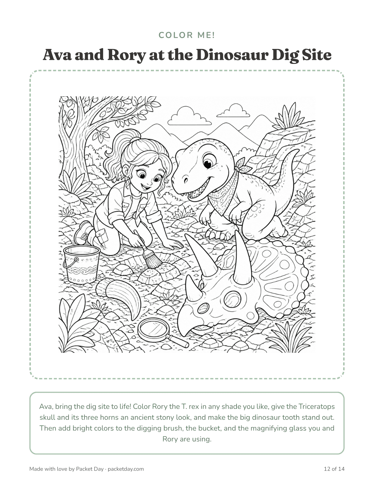 Coloring page, Ava and Rory at the Dinosaur Dig Site: a girl brushing dirt in a rocky dig site beside Rory in a bandana, with a Triceratops skull and its three horns, a big tooth, a bucket and a magnifying glass.