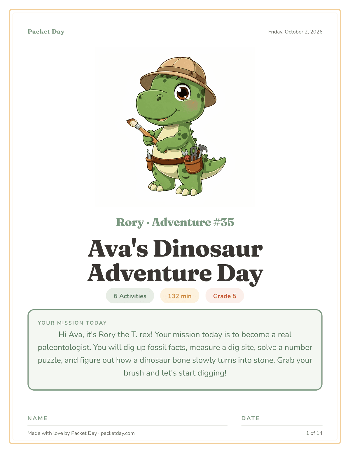 Cover of Ava's Dinosaur Adventure Day: Rory the green T. rex in a safari hat holding a paintbrush, with a tool belt, chips for 6 activities, 132 minutes and grade 5, and Rory's mission note about becoming a paleontologist.