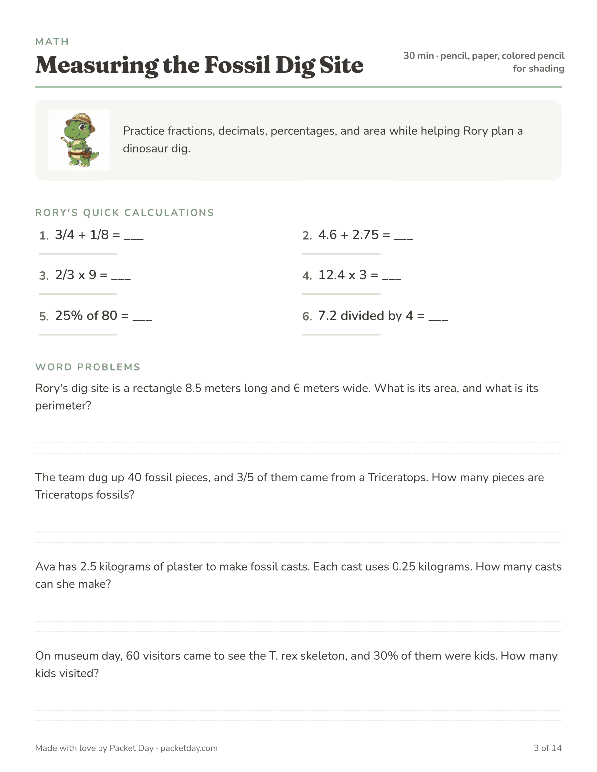 Math page, Measuring the Fossil Dig Site: six quick problems with fractions, decimals and percents like 3/4 + 1/8 and 25% of 80, then word problems about an 8.5 by 6 meter dig site, plaster casts and museum visitors.