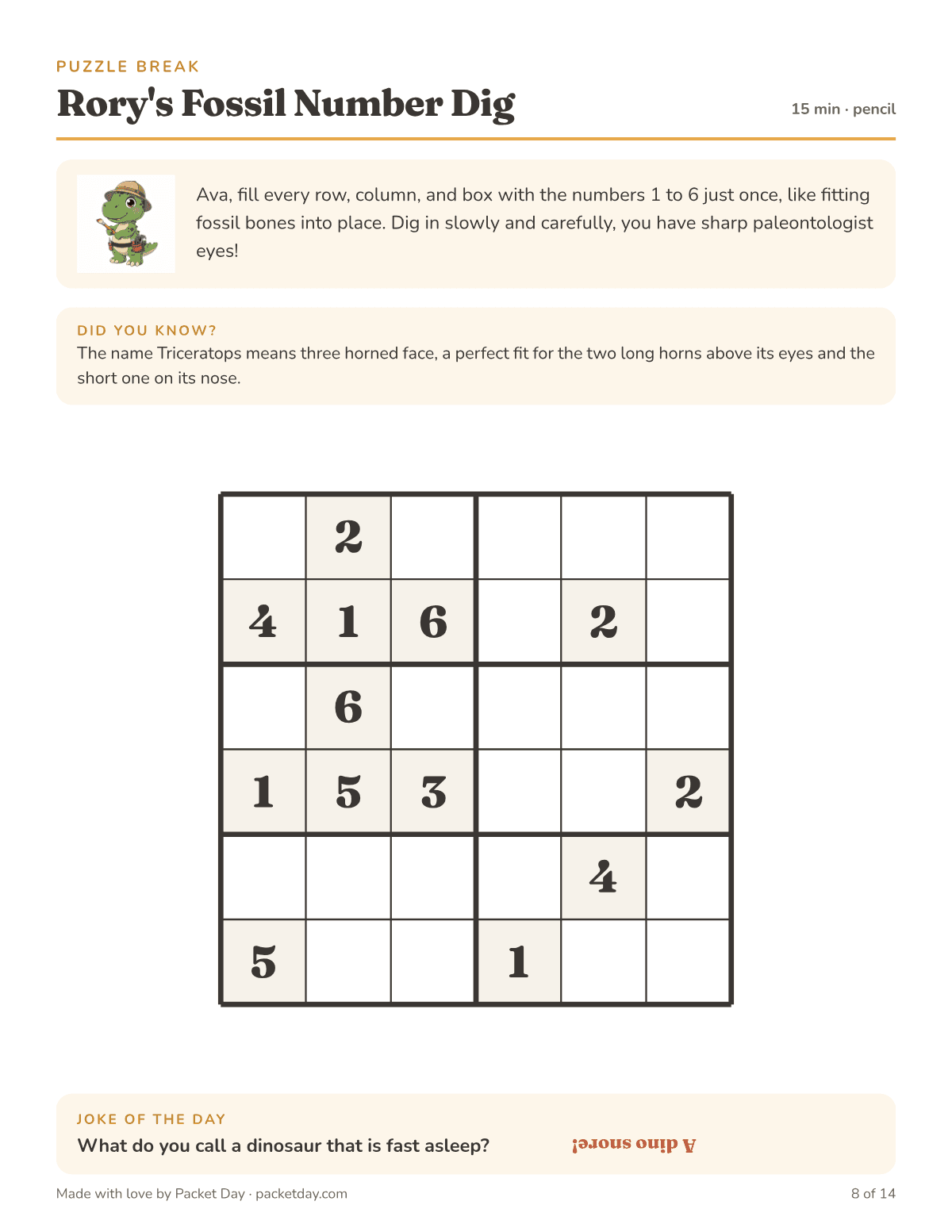 Puzzle page, Rory's Fossil Number Dig: a six by six sudoku with 13 starting numbers, a Did You Know that Triceratops means three horned face, and a sleepy dinosaur joke.