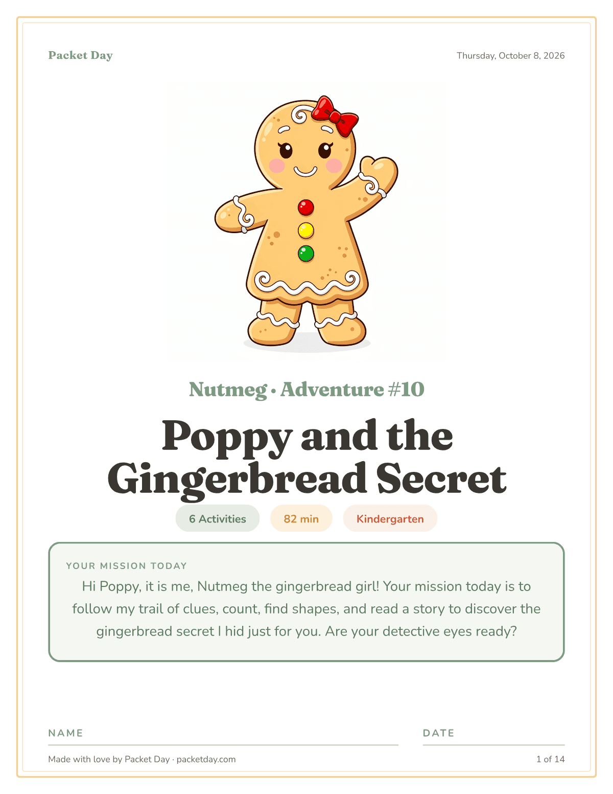 Cover of Poppy and the Gingerbread Secret: Nutmeg the gingerbread girl waving, with a red bow and red, yellow and green candy buttons, chips for 6 activities, 82 minutes and kindergarten, and Nutmeg's mission note.