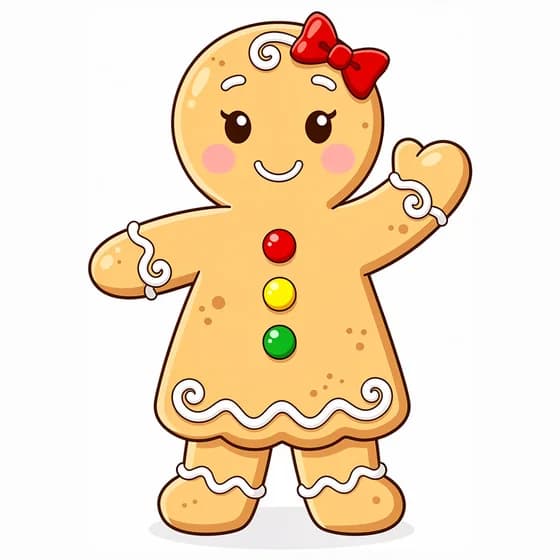 Nutmeg the gingerbread girl with a red bow, white icing swirls and candy buttons, waving.