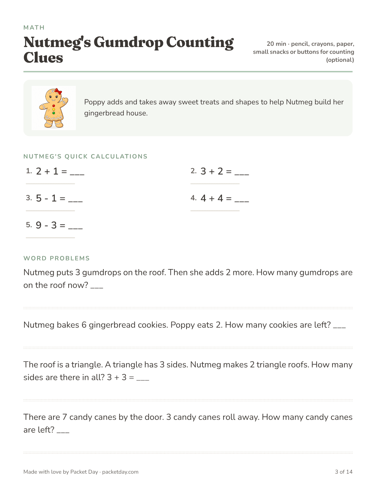 Math page, Nutmeg's Gumdrop Counting Clues: five quick problems within 10 like 2 + 1 and 9 minus 3, then word problems about gumdrops, cookies, triangle roofs and candy canes.