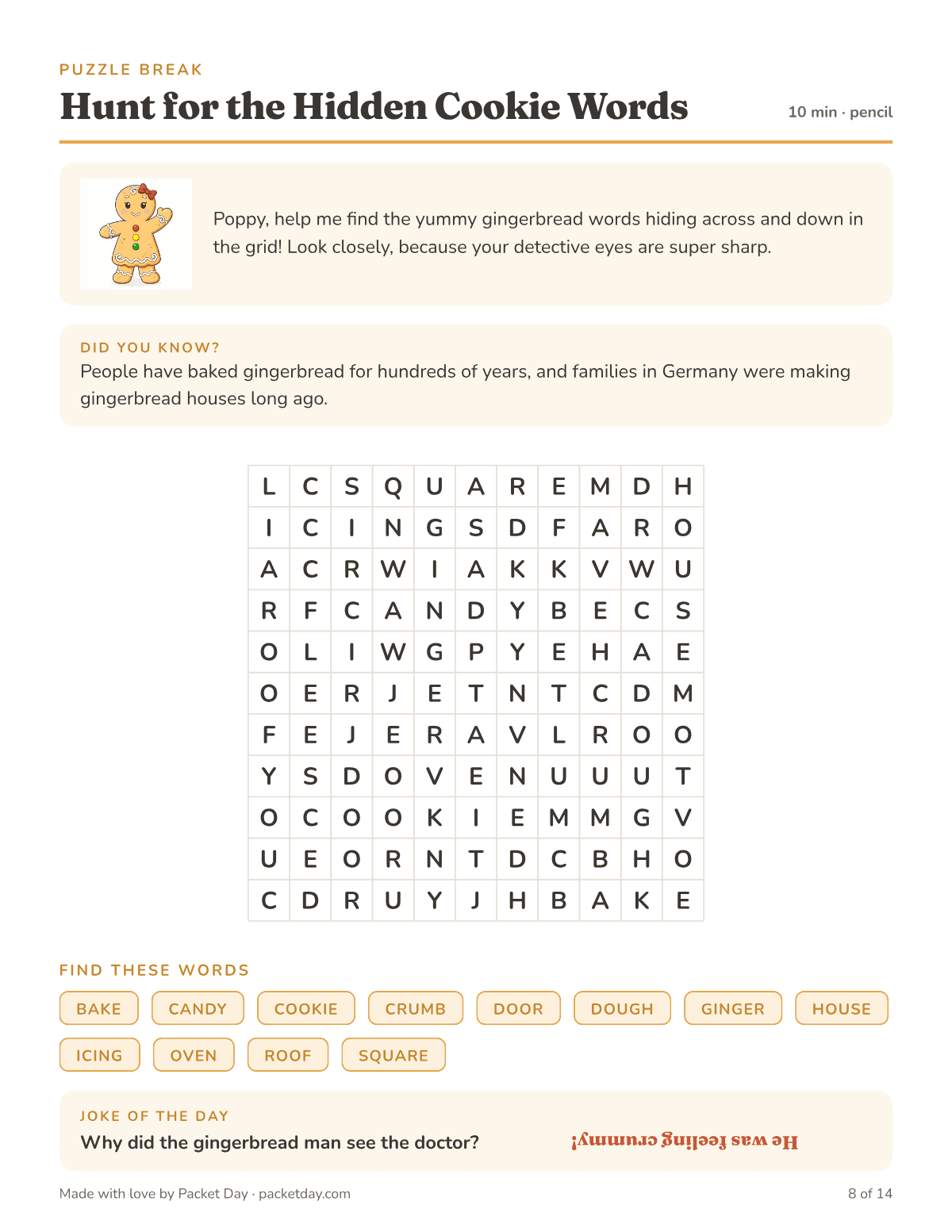 Puzzle page, Hunt for the Hidden Cookie Words: an 11 by 11 grid hiding 12 words such as cookie, icing, dough and square, a gingerbread house fact and a crummy joke.