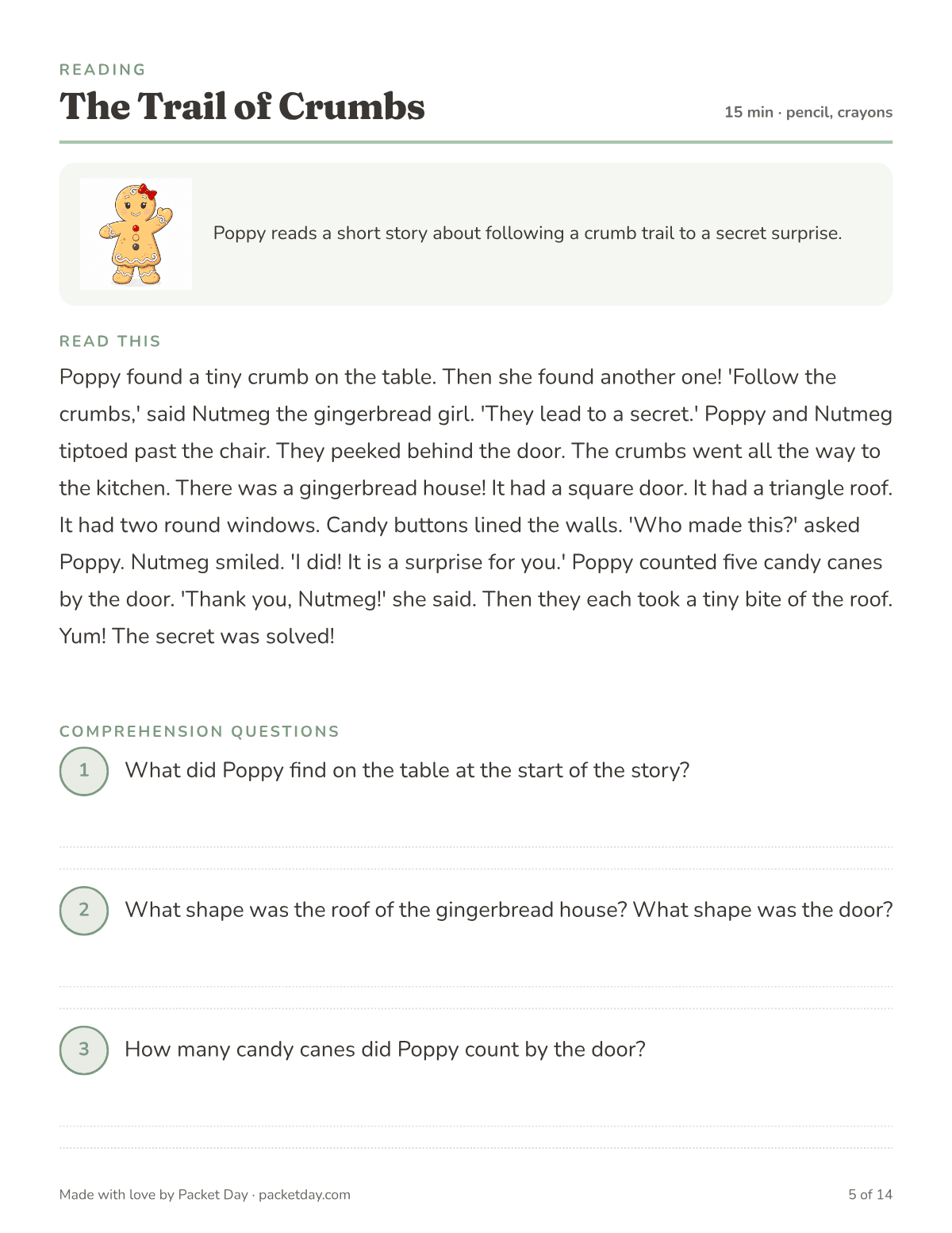 Reading page, The Trail of Crumbs: a short story about following crumbs to a gingerbread house with a square door, a triangle roof and five candy canes, then three questions.