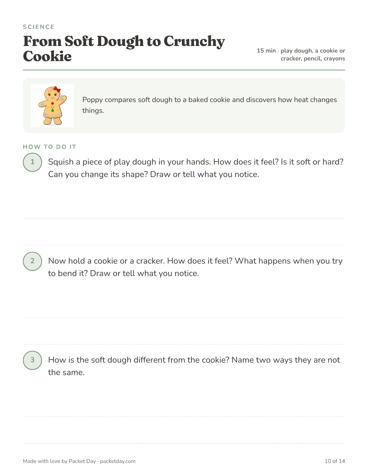 Science page, From Soft Dough to Crunchy Cookie: squish play dough, try to bend a cookie or cracker, and name two ways soft dough and a baked cookie are different.