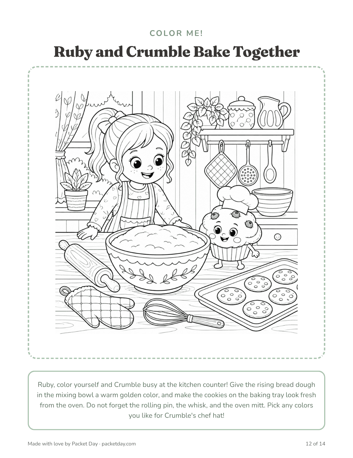 Coloring page, Ruby and Crumble Bake Together: a girl in an apron at a kitchen counter with a big bowl of dough, Crumble in a chef's hat, a tray of cookies, a rolling pin, a whisk and an oven mitt.