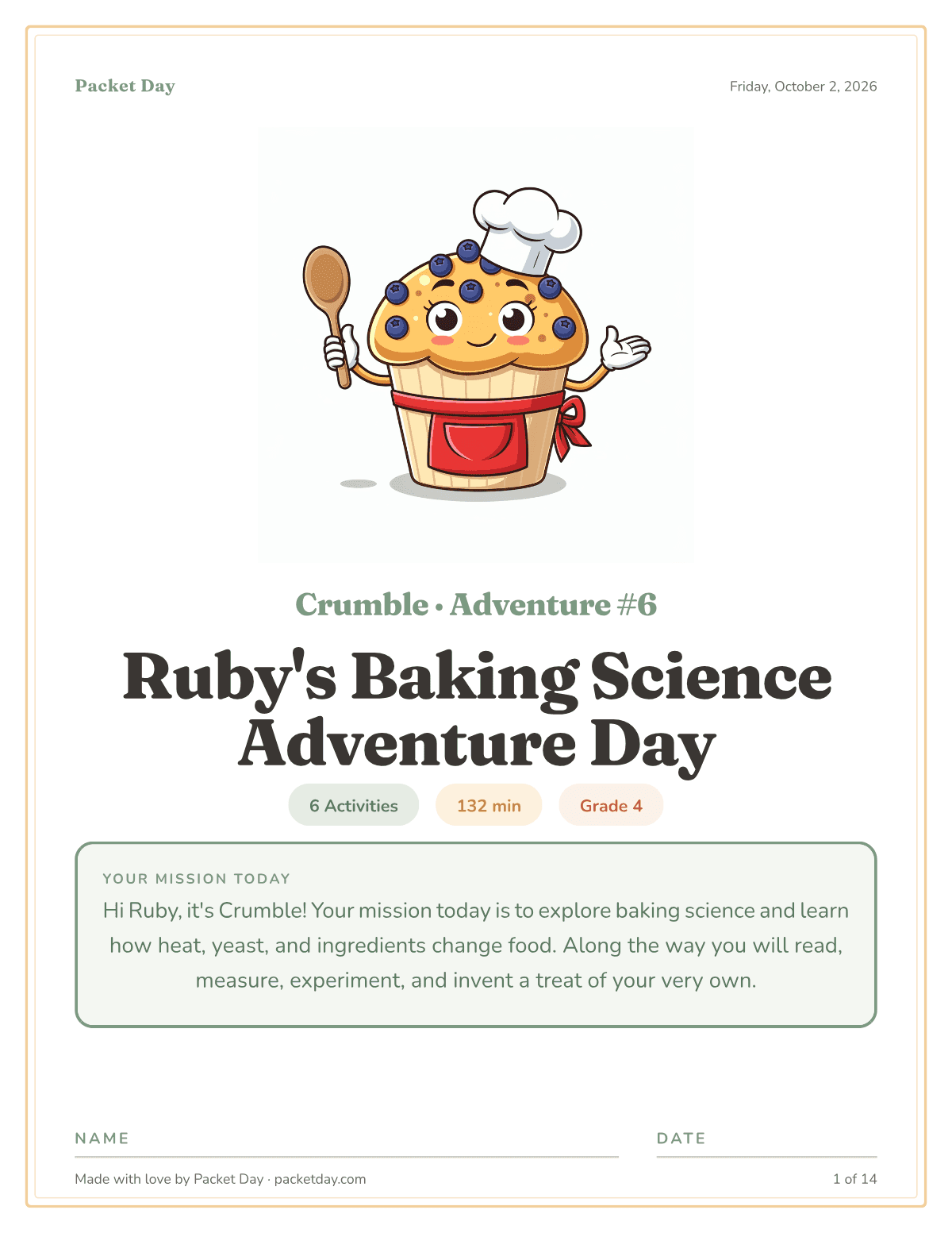 Cover of Ruby's Baking Science Adventure Day: Crumble the blueberry muffin in a chef's hat and red apron holding a wooden spoon, chips for 6 activities, 132 minutes and grade 4, and Crumble's mission note.