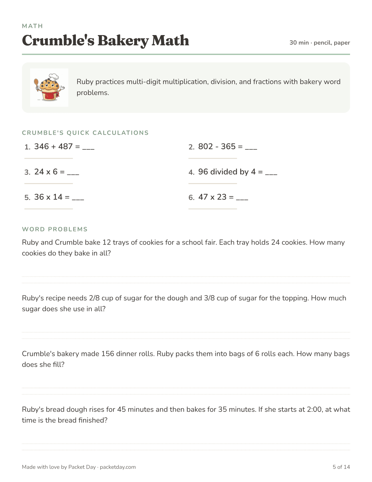 Math page, Crumble's Bakery Math: six quick problems like 36 x 14 and 47 x 23, then word problems about 12 trays of cookies, 2/8 and 3/8 cup of sugar, 156 dinner rolls and an elapsed time question.