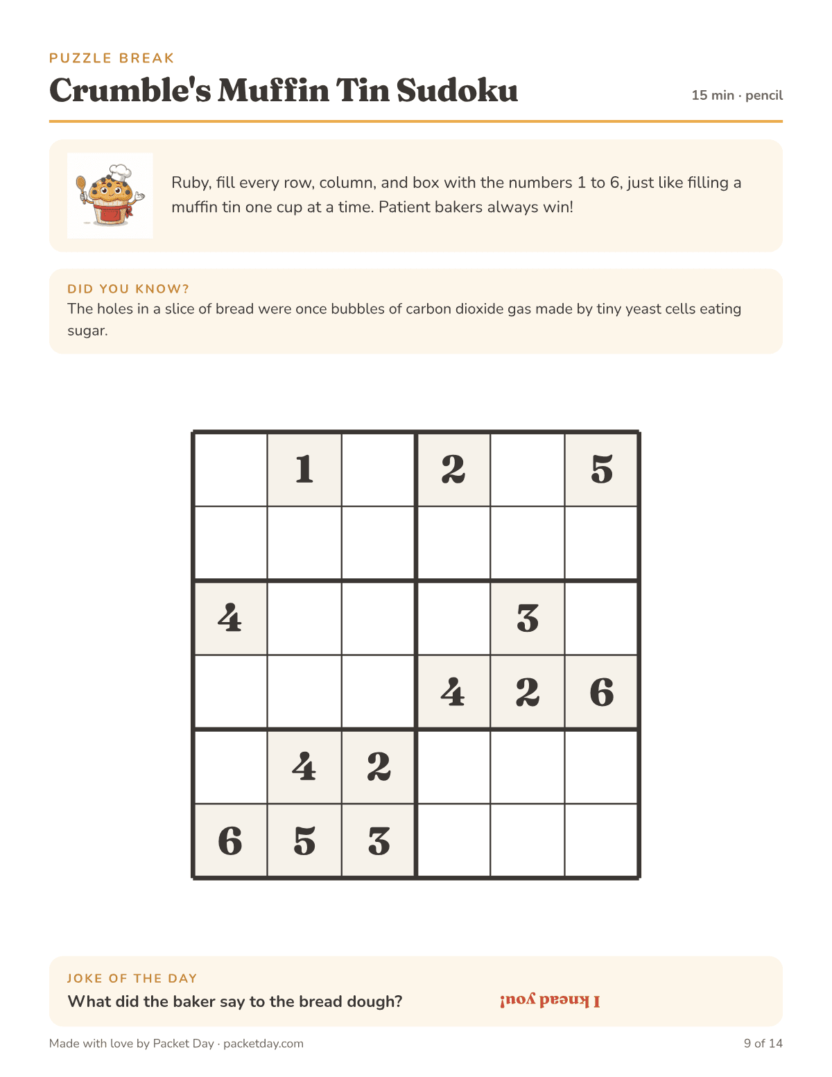 Puzzle page, Crumble's Muffin Tin Sudoku: a six by six number sudoku, a Did You Know that the holes in bread were once carbon dioxide bubbles, and a kneading joke.