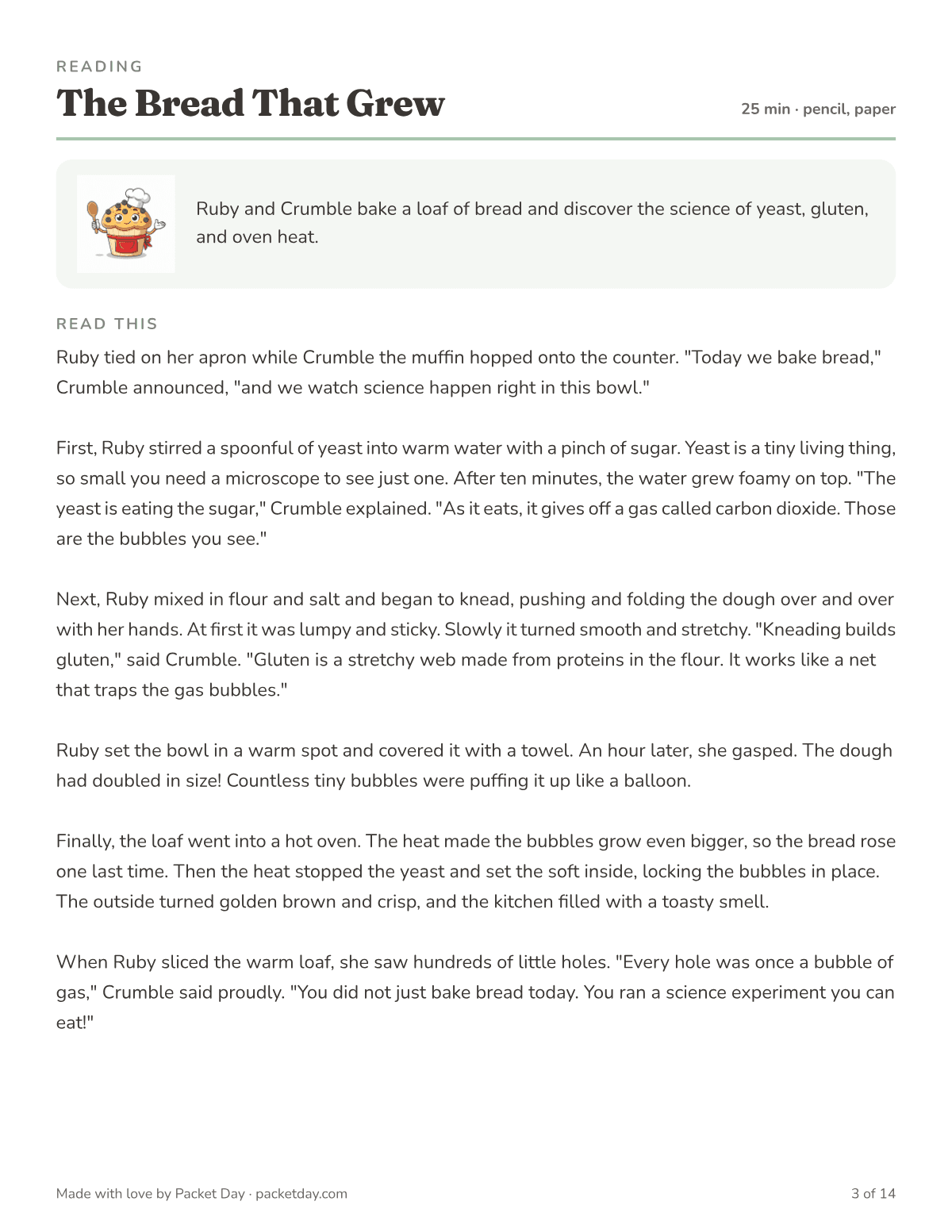 Reading page, The Bread That Grew: a story about Ruby and Crumble baking a loaf, from foamy yeast and kneading to the dough doubling and the oven setting the bubbles in place.