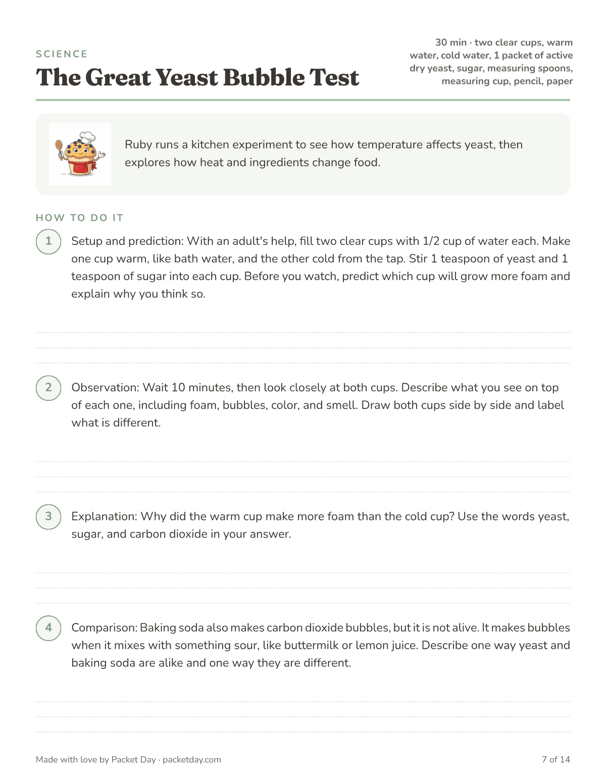 Science page, The Great Yeast Bubble Test: two clear cups of yeast and sugar, one warm and one cold, with steps to predict, observe after 10 minutes, explain the foam and compare yeast with baking soda.