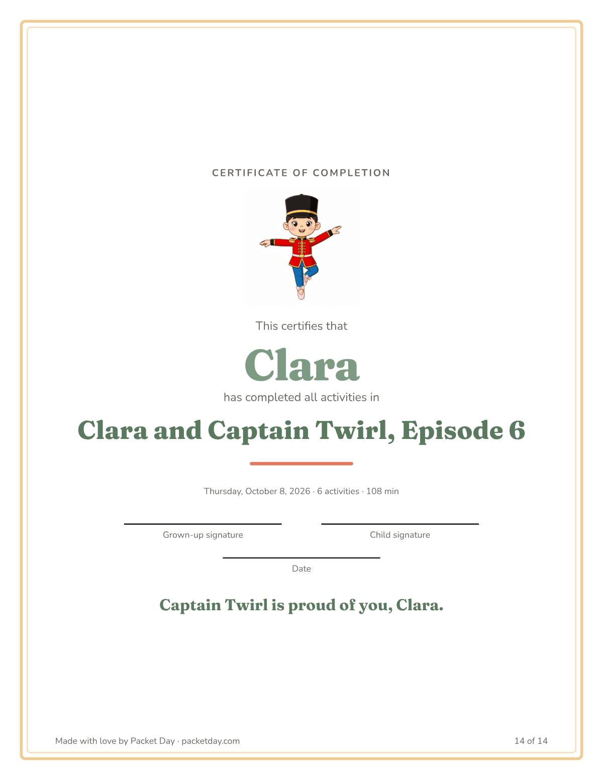 Certificate of completion for Clara's Nutcracker packet with Captain Twirl at the top, signature lines for a grown up and the child, and the line Captain Twirl is proud of you, Clara.
