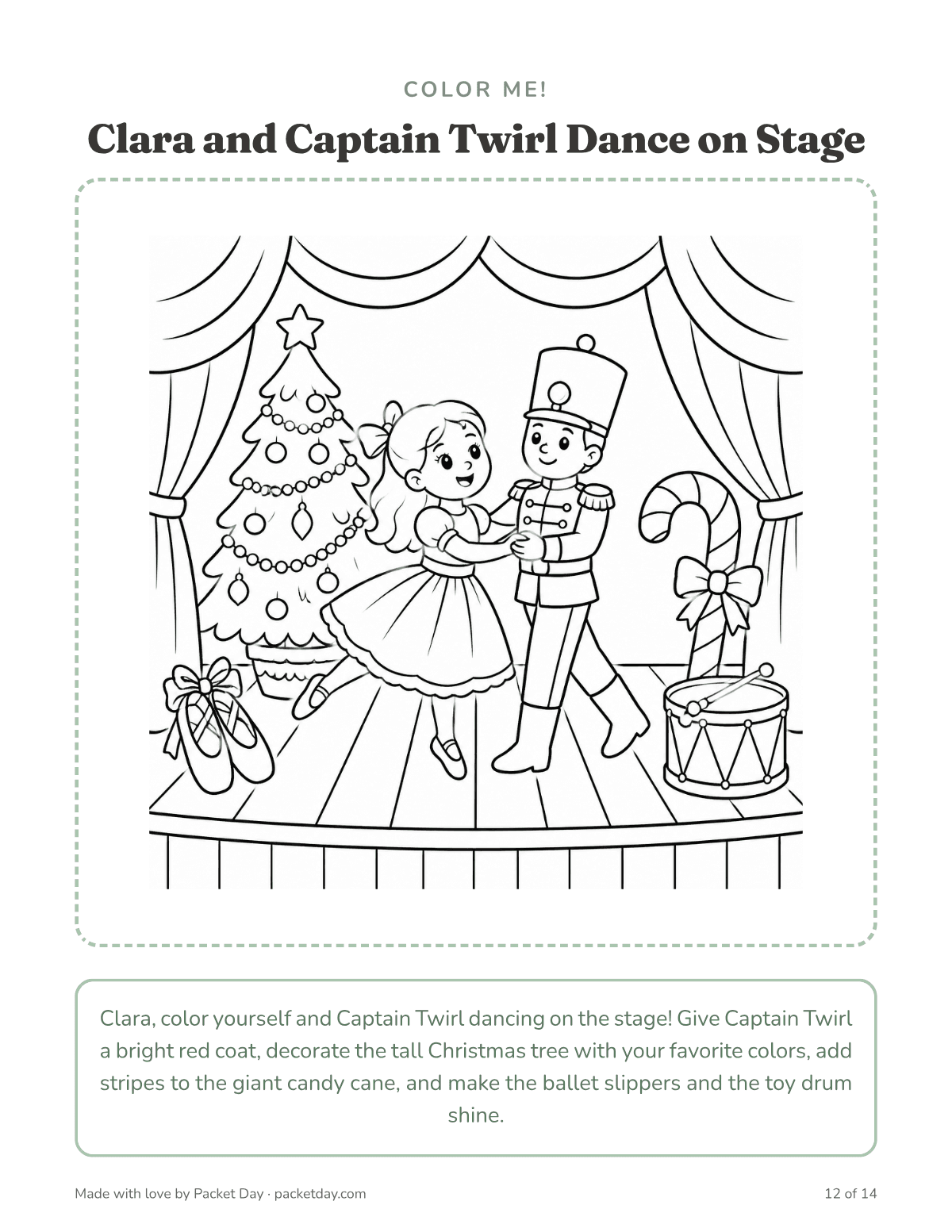Coloring page, Clara and Captain Twirl Dance on Stage: a girl and a toy soldier dancing between stage curtains, with a Christmas tree, a giant candy cane, ballet slippers and a toy drum.