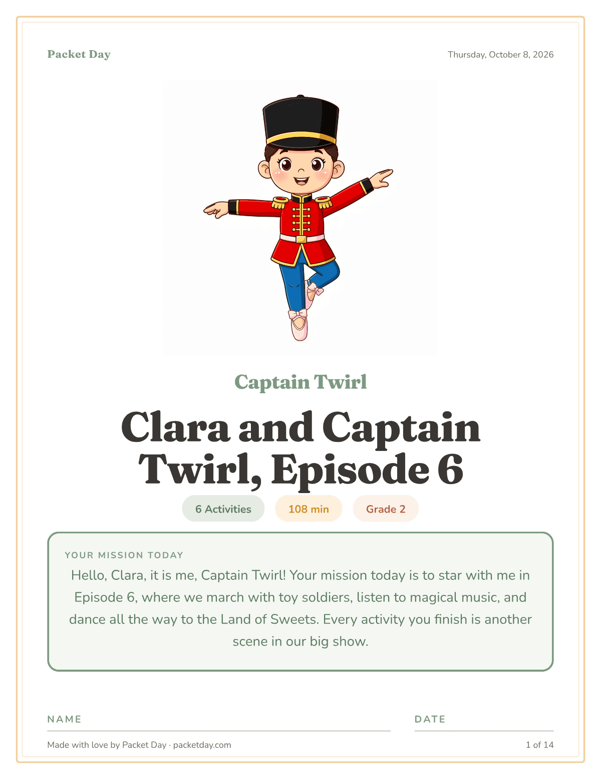 Cover of Clara's Nutcracker packet: Captain Twirl the toy soldier in a red coat and tall black hat, balanced on one pink ballet slipper, chips for 6 activities, 108 minutes and grade 2, and his mission note about the Land of Sweets.