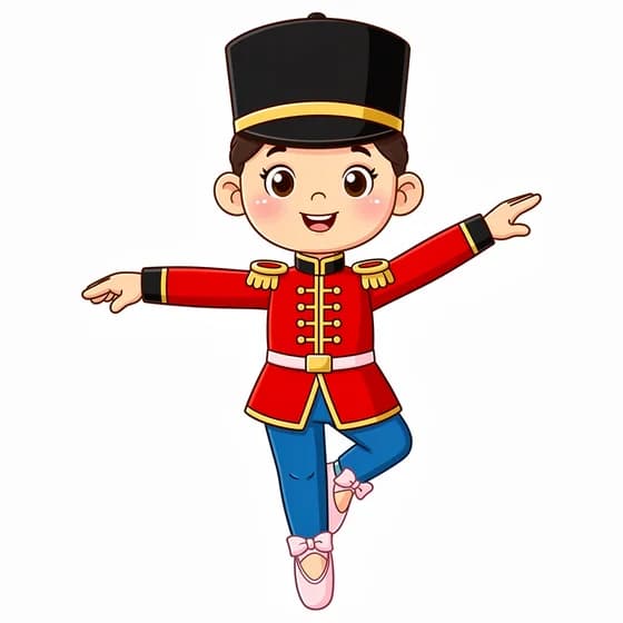 Captain Twirl, a toy soldier in a bright red coat, a tall black hat and pink ballet slippers, balancing on one foot.