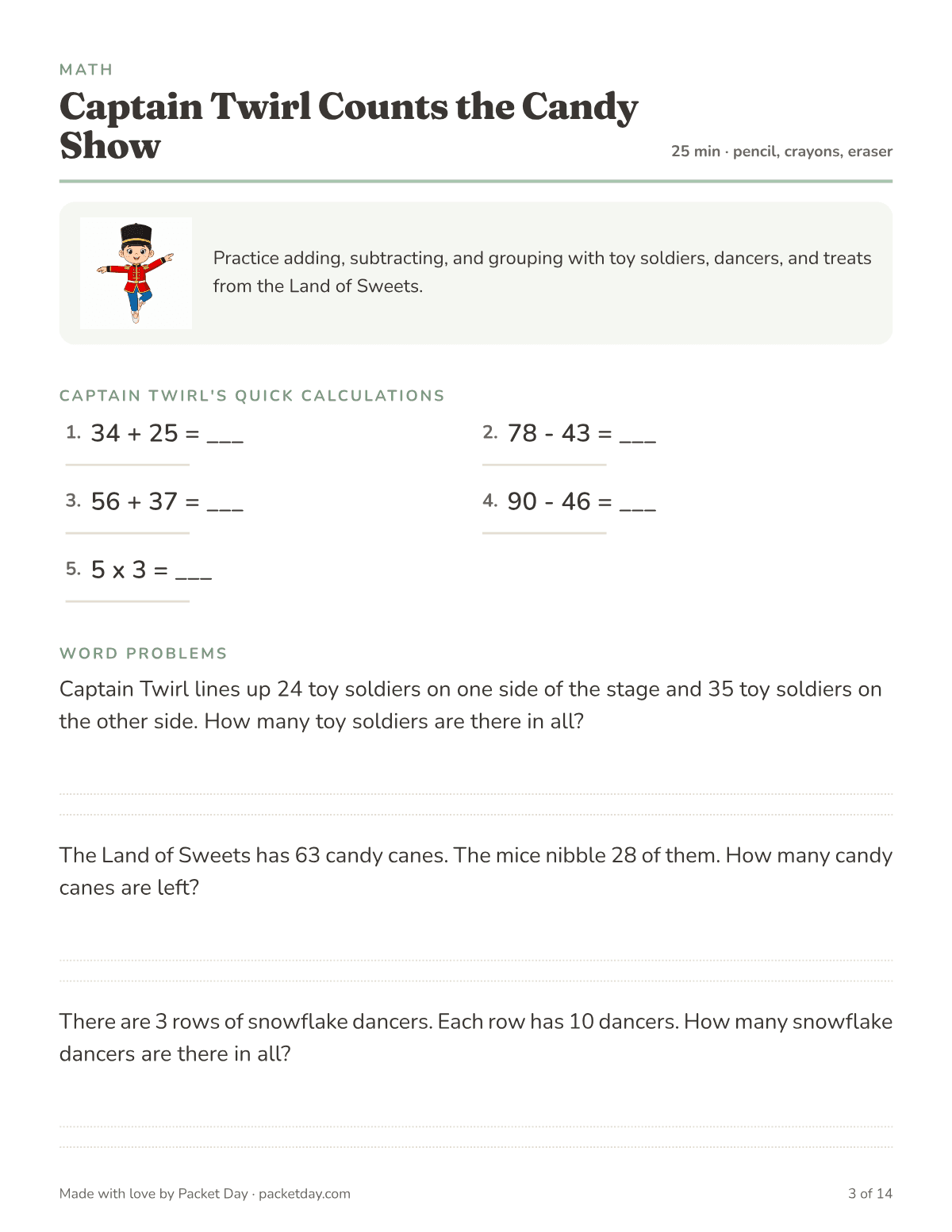 Math page, Captain Twirl Counts the Candy Show: five quick problems like 56 + 37 and 90 minus 46, then word problems about toy soldiers, candy canes the mice nibbled and rows of snowflake dancers.