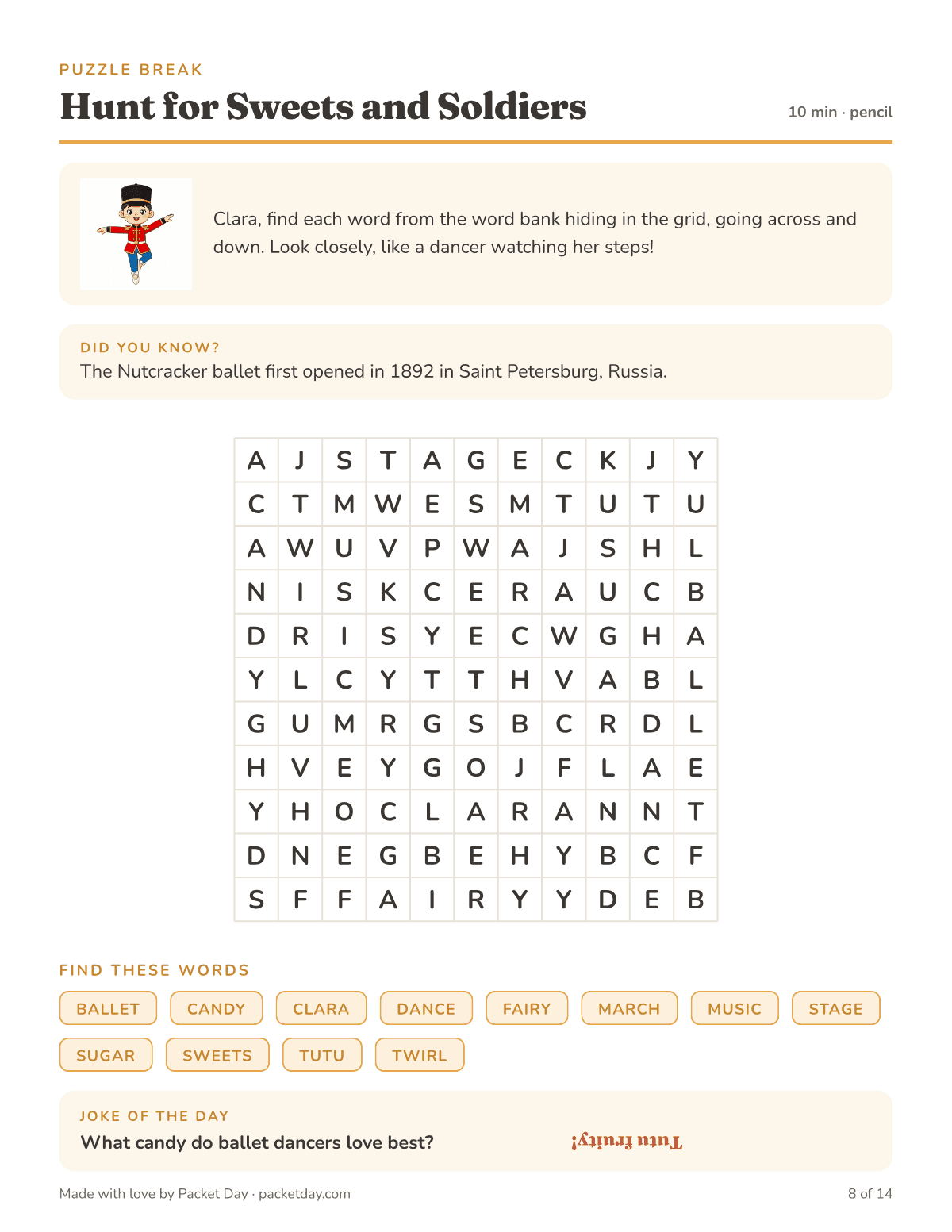 Puzzle page, Hunt for Sweets and Soldiers: an 11 by 11 word search hiding 12 words such as ballet, tutu, sugar and march, the 1892 premiere fact and a tutu fruity joke.