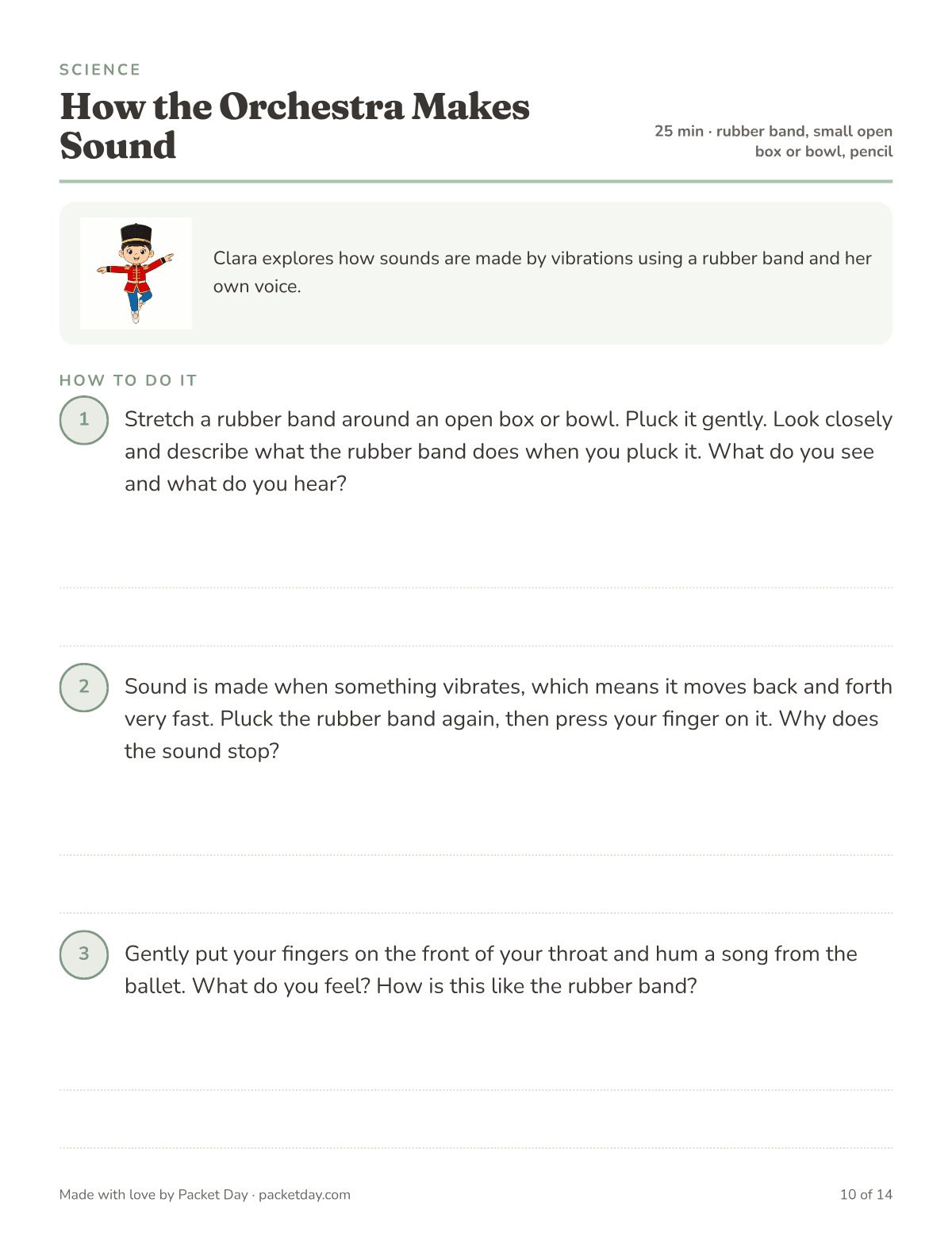 Science page, How the Orchestra Makes Sound: pluck a rubber band stretched over a box or bowl, stop the sound with a finger, and hum with fingers on your throat to feel the vibration.