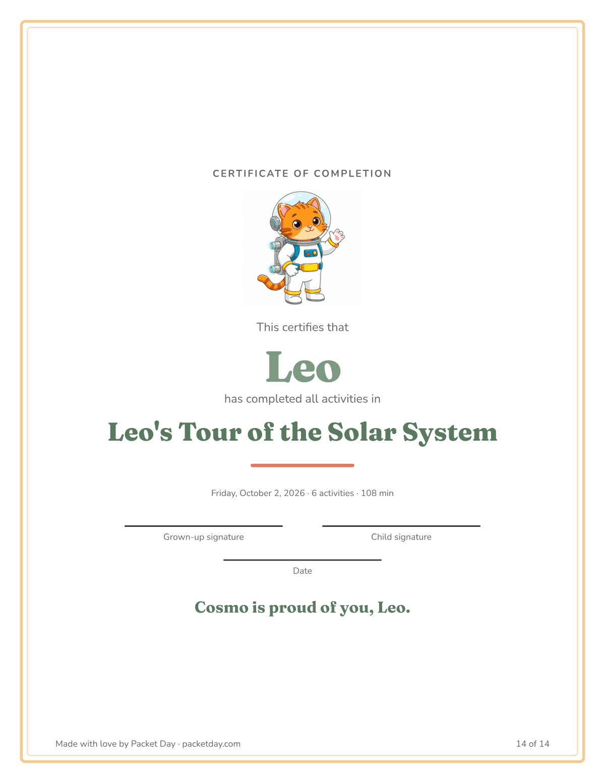 Certificate of completion for Leo's Tour of the Solar System, with Cosmo at the top, signature lines for a grown up and the child, and the line Cosmo is proud of you, Leo.