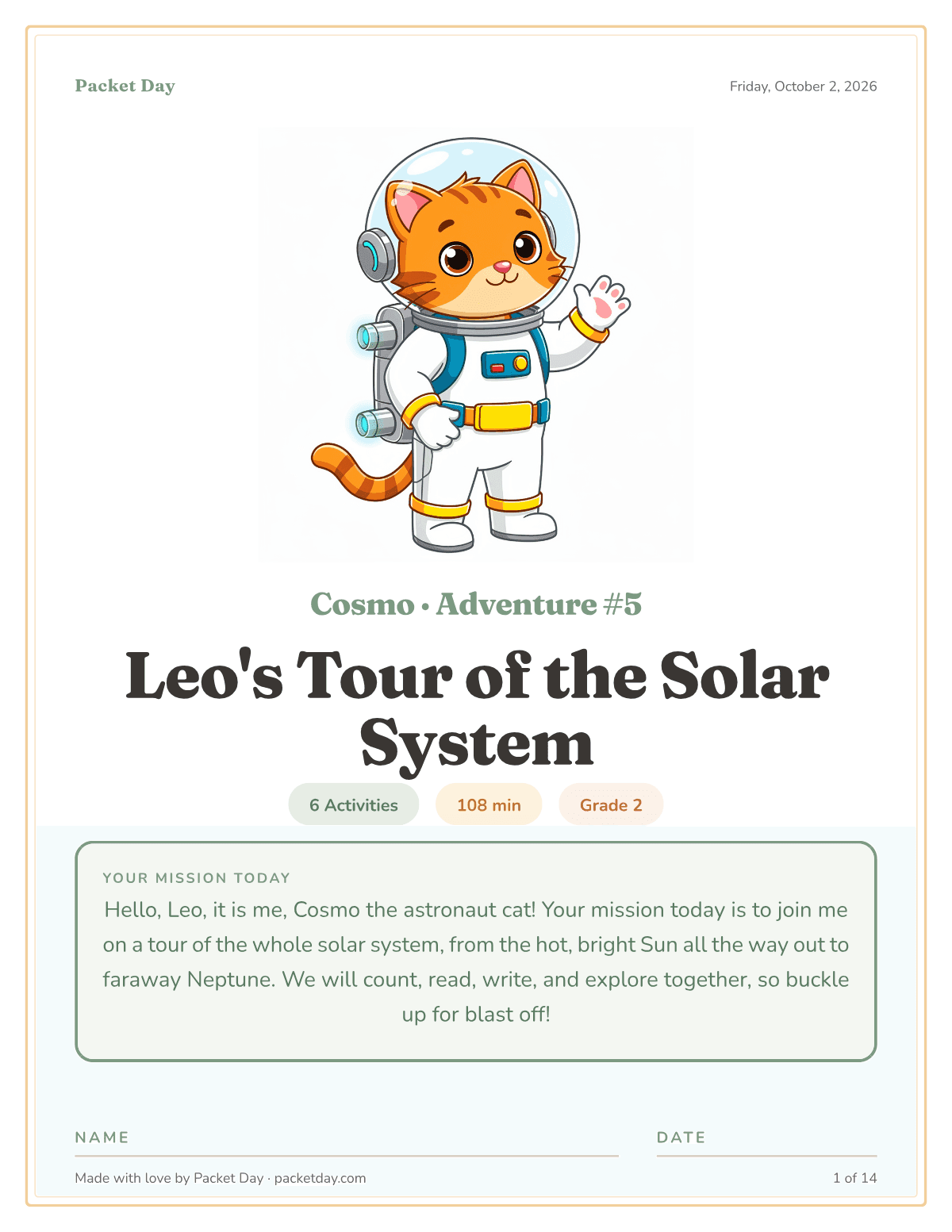 Cover of Leo's Tour of the Solar System: Cosmo the orange astronaut cat waving in a bubble helmet, chips for 6 activities, 108 minutes and grade 2, and Cosmo's mission note about touring from the Sun out to Neptune.