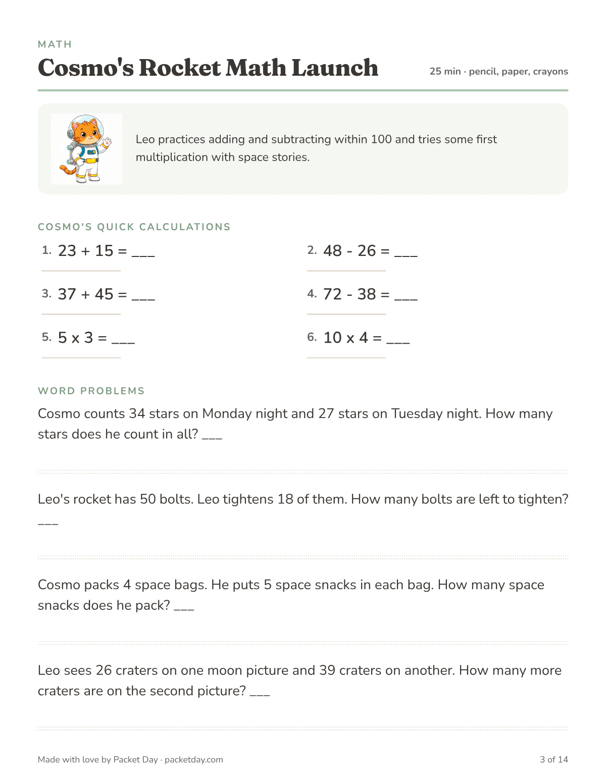 Math page, Cosmo's Rocket Math Launch: six quick problems like 37 + 45 and 10 x 4, then four space word problems about stars, rocket bolts, snack bags and moon craters.