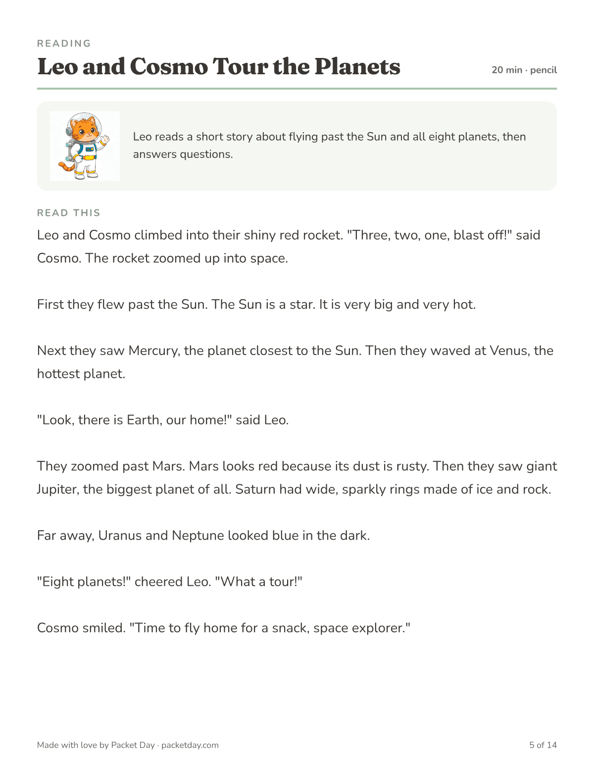 Reading page, Leo and Cosmo Tour the Planets: a short story about a red rocket flying past the Sun, Mercury, Venus, Earth, Mars, Jupiter, Saturn, Uranus and Neptune.